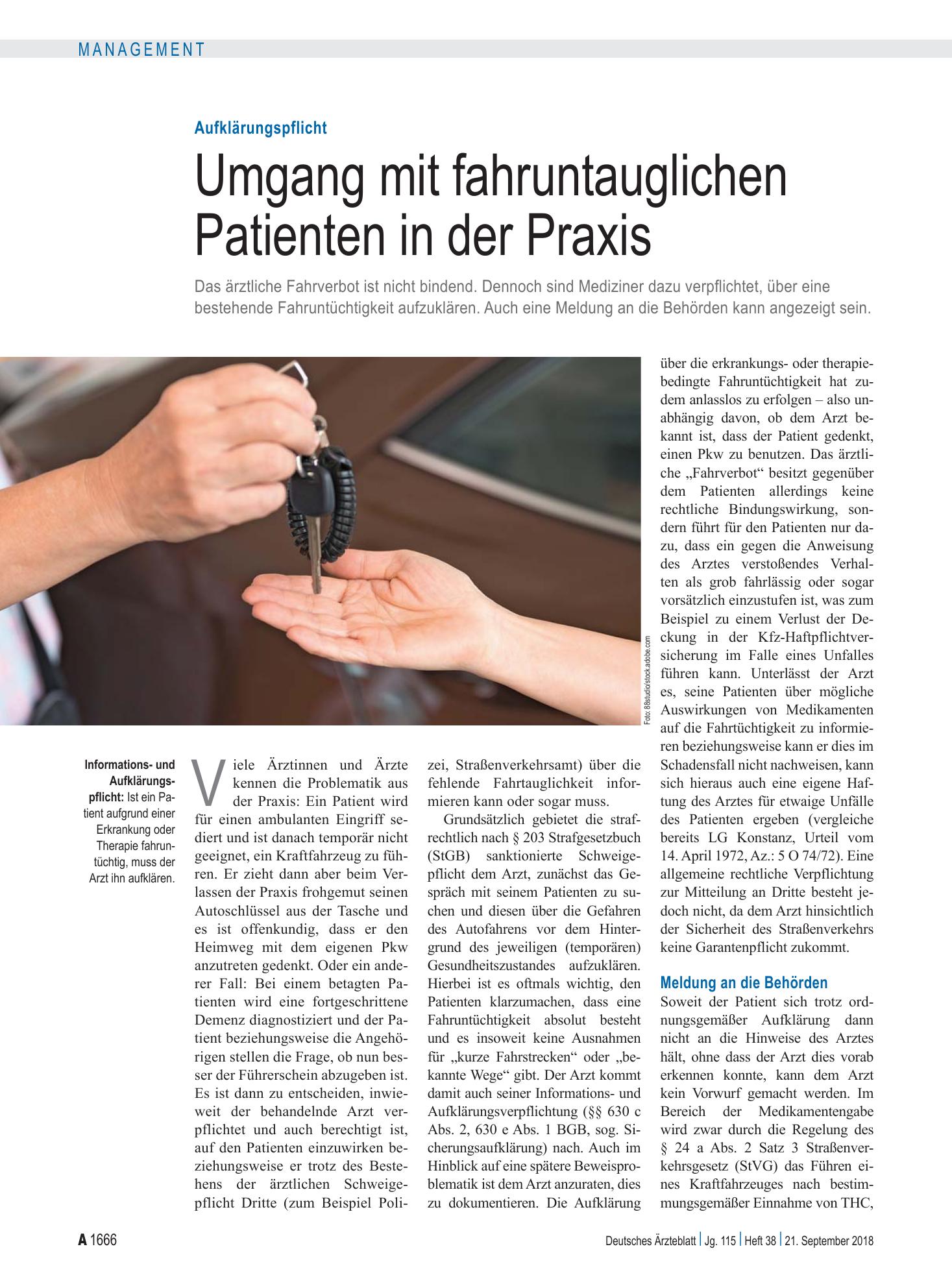 Vorschauseite 1: Aufklärungspflicht: Umgang mit fahruntauglichen Patienten in der Praxis – Deutsches Ärzteblatt