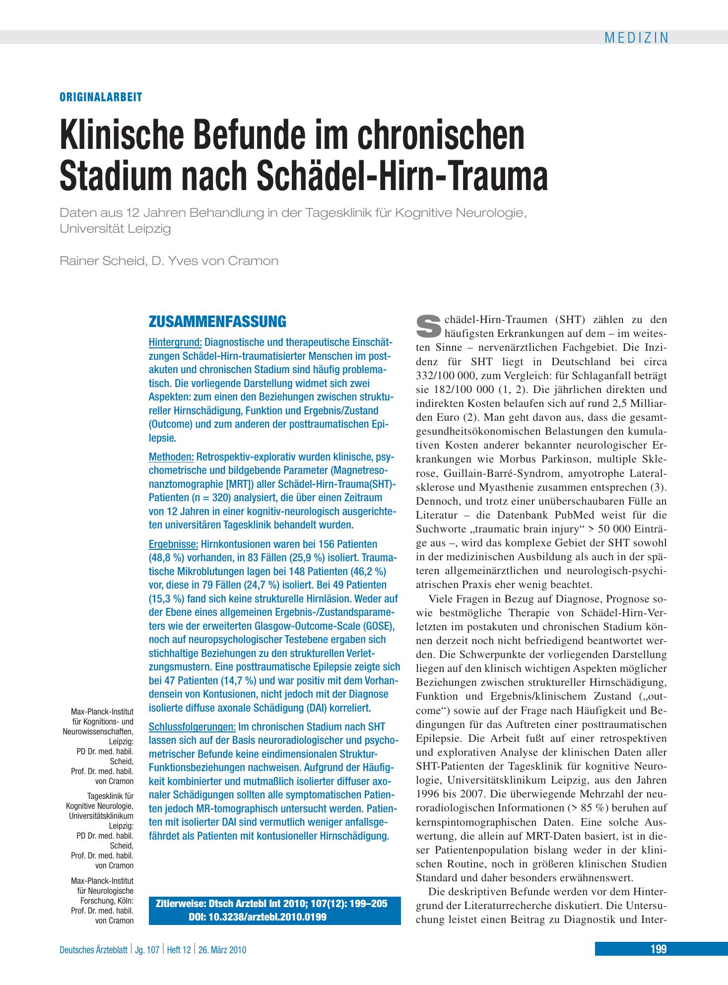 Vorschauseite 1: Klinische Befunde im chronischen Stadium nach Schädel-Hirn-Trauma – Deutsches Ärzteblatt