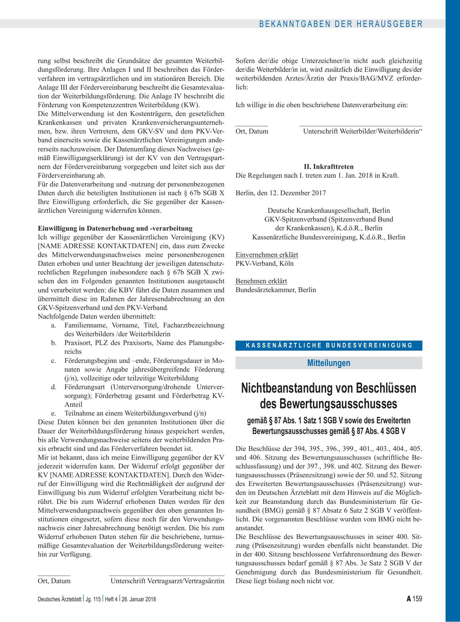Vorschauseite 1: Nichtbeanstandung von Beschlüssen des Bewertungsausschusses gemäß § 87 Abs. 1 Satz 1 SGB V sowie des Erweiterten Bewertungsausschusses gemäß § 87 Abs. 4 SGB V – Deutsches Ärztebla…