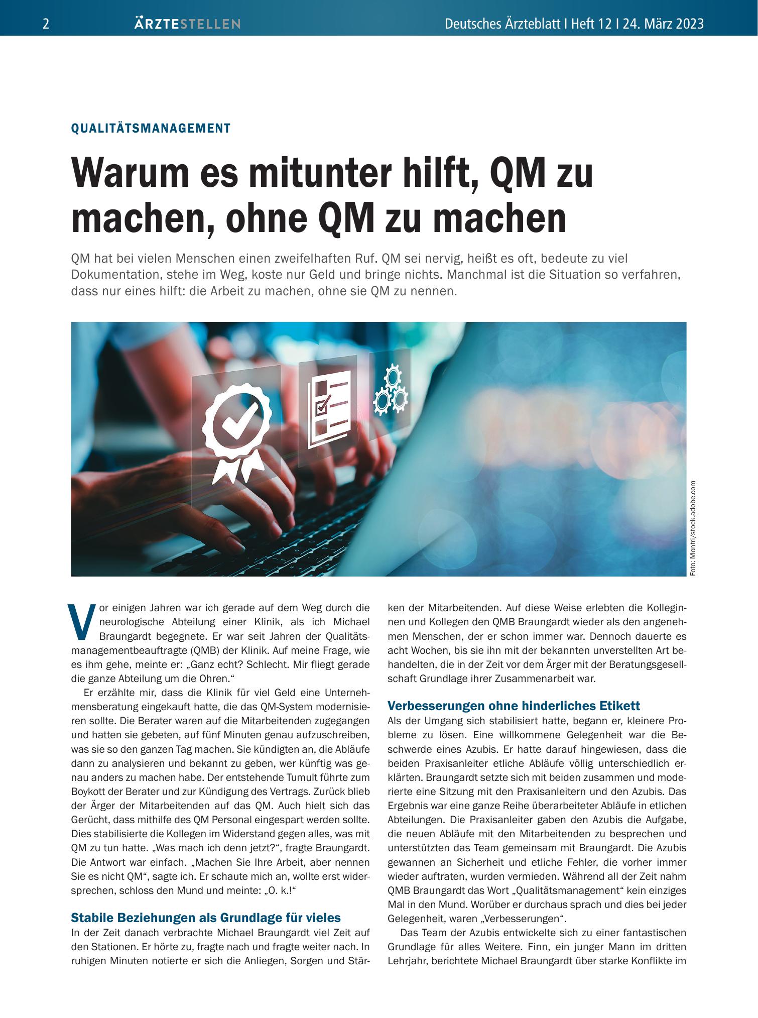 Vorschauseite 1: Qualitätsmanagement: Warum es mitunter hilft, QM zu machen, ohne QM zu machen – Deutsches Ärzteblatt