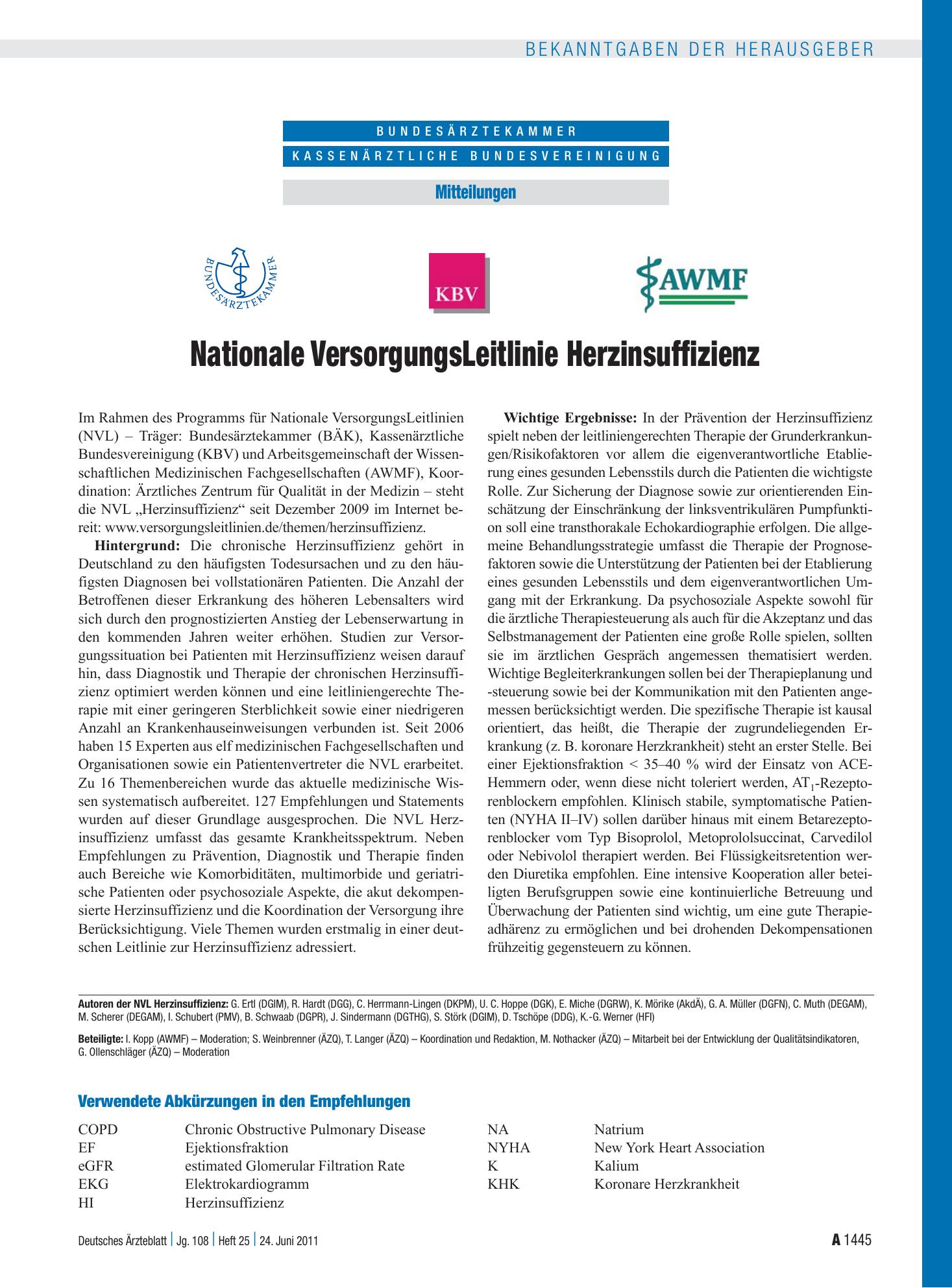 Vorschauseite 1: Nationale VersorgungsLeitlinie Herzinsuffizienz – Deutsches Ärzteblatt