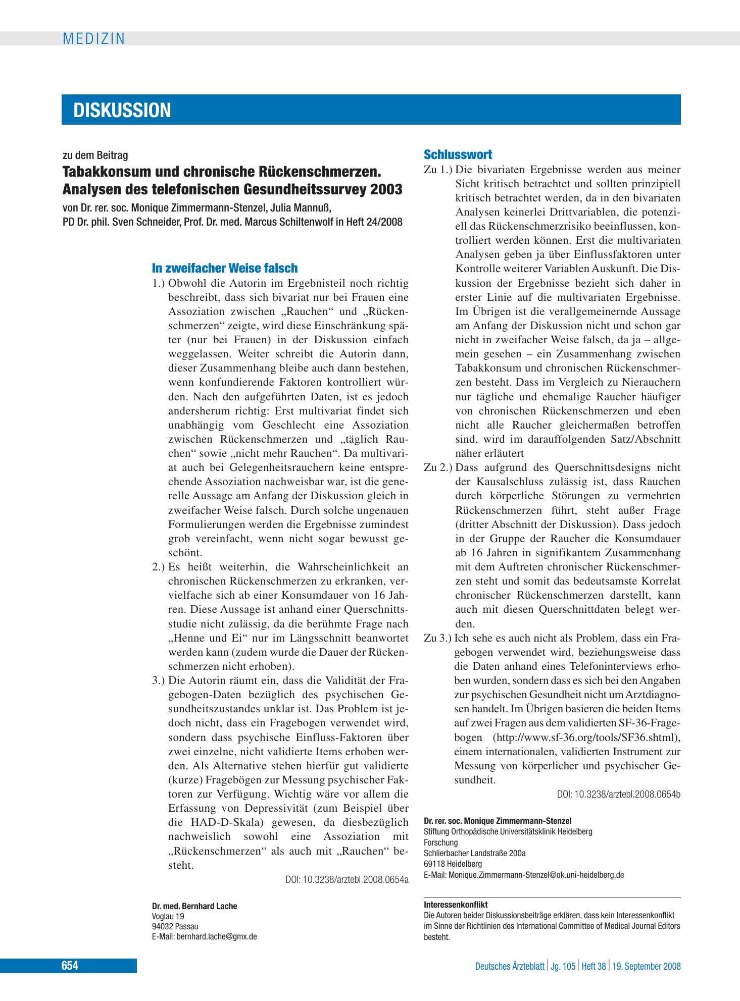 Vorschauseite 1: Tabakkonsum und chronische Rückenschmerzen - Analysen des telefonischen Gesundheitssurvey 2003: Schlusswort – Deutsches Ärzteblatt
