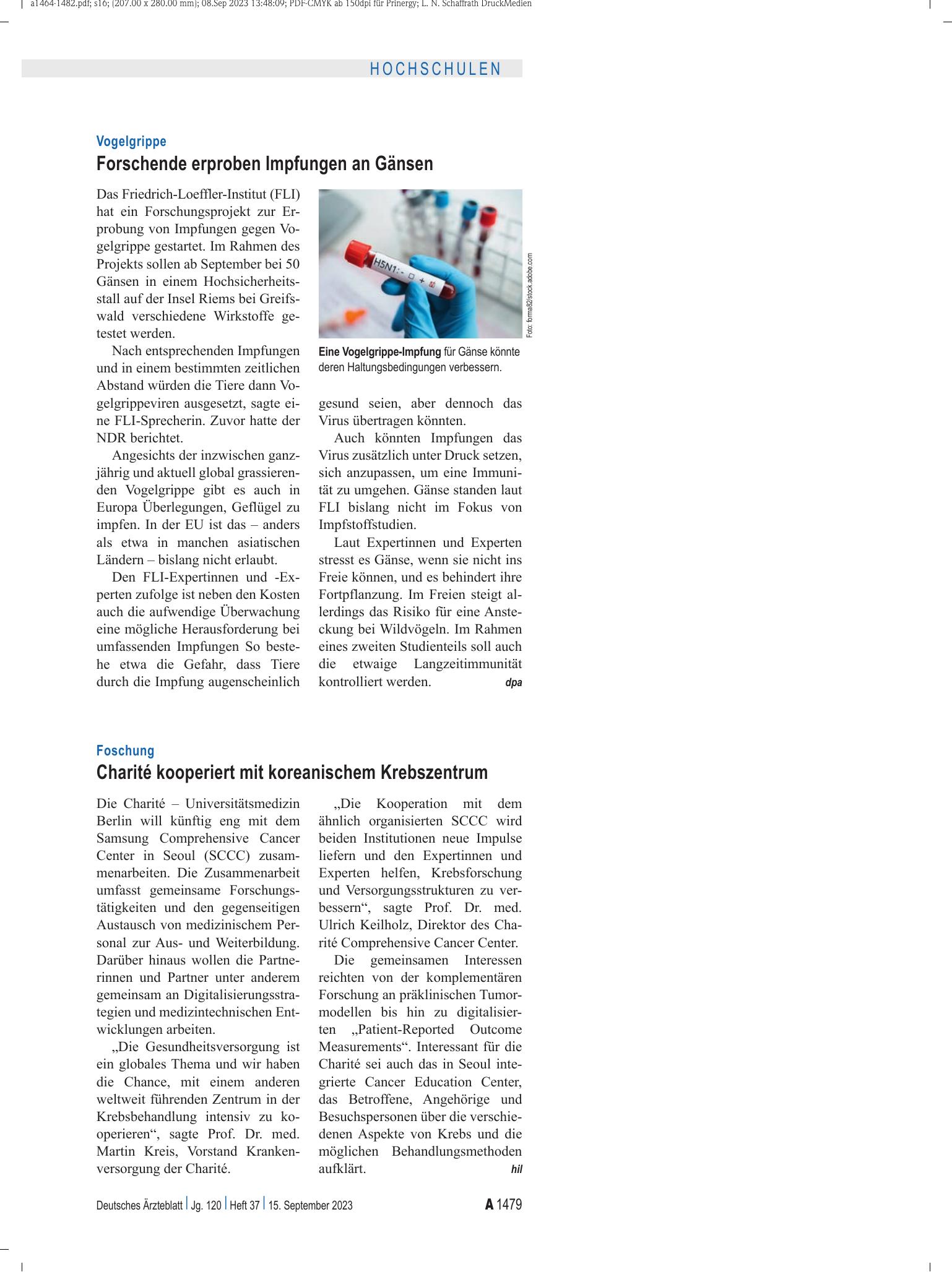 Vorschauseite 1: Foschung: Charité kooperiert mit koreanischem Krebszentrum – Deutsches Ärzteblatt