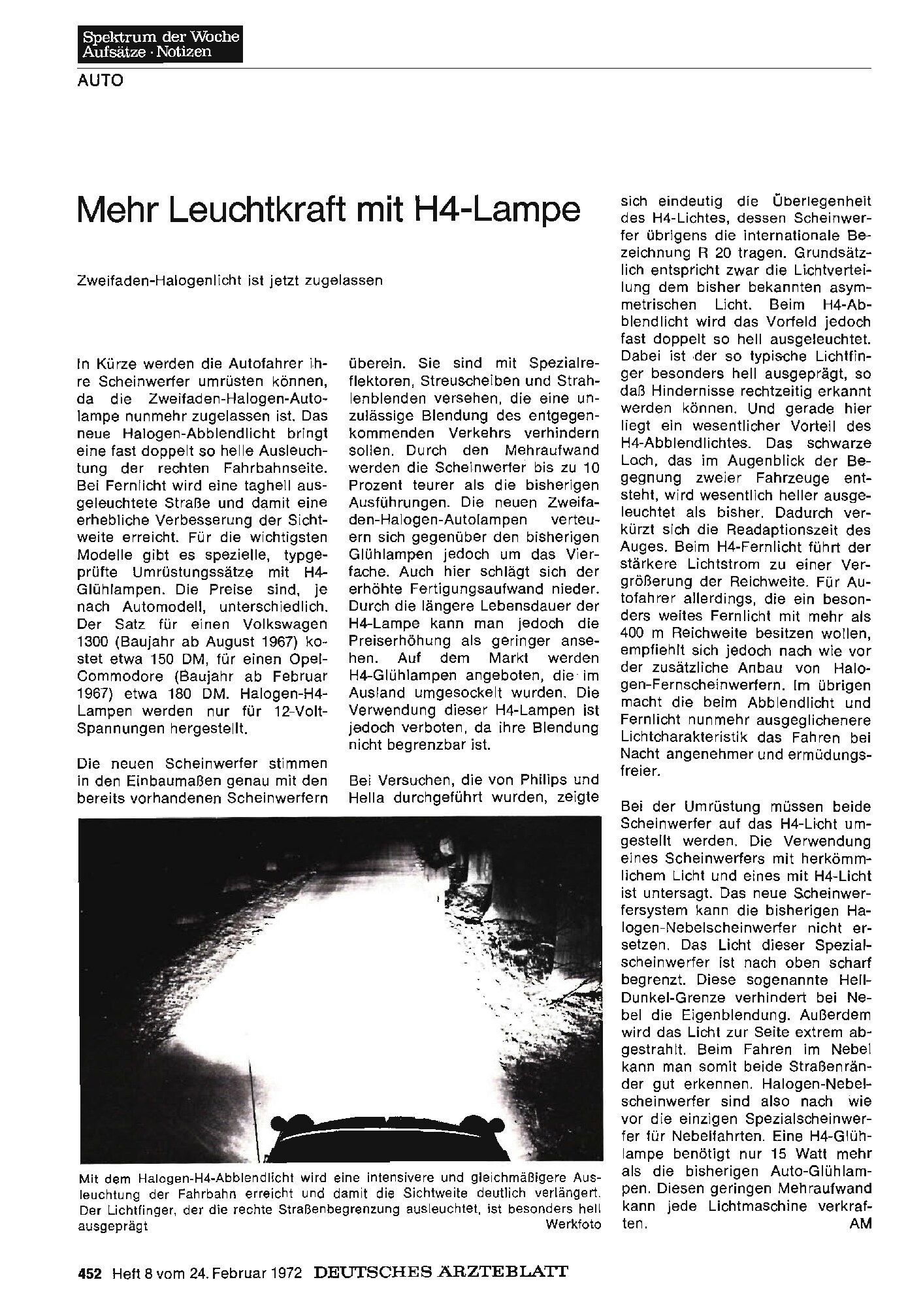 Vorschauseite 1: Mehr Leuchtkraft mit H4-Lampe. Zweifaden-Halogenlicht ist jetzt zugelassen