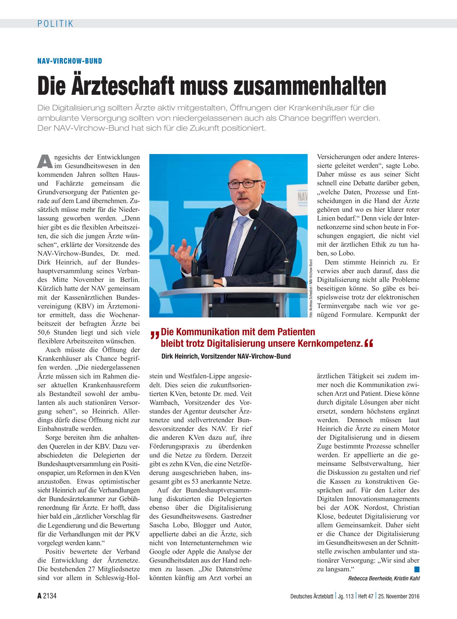 Vorschauseite 1: NAV-Virchow-Bund: Die Ärzteschaft muss zusammenhalten – Deutsches Ärzteblatt