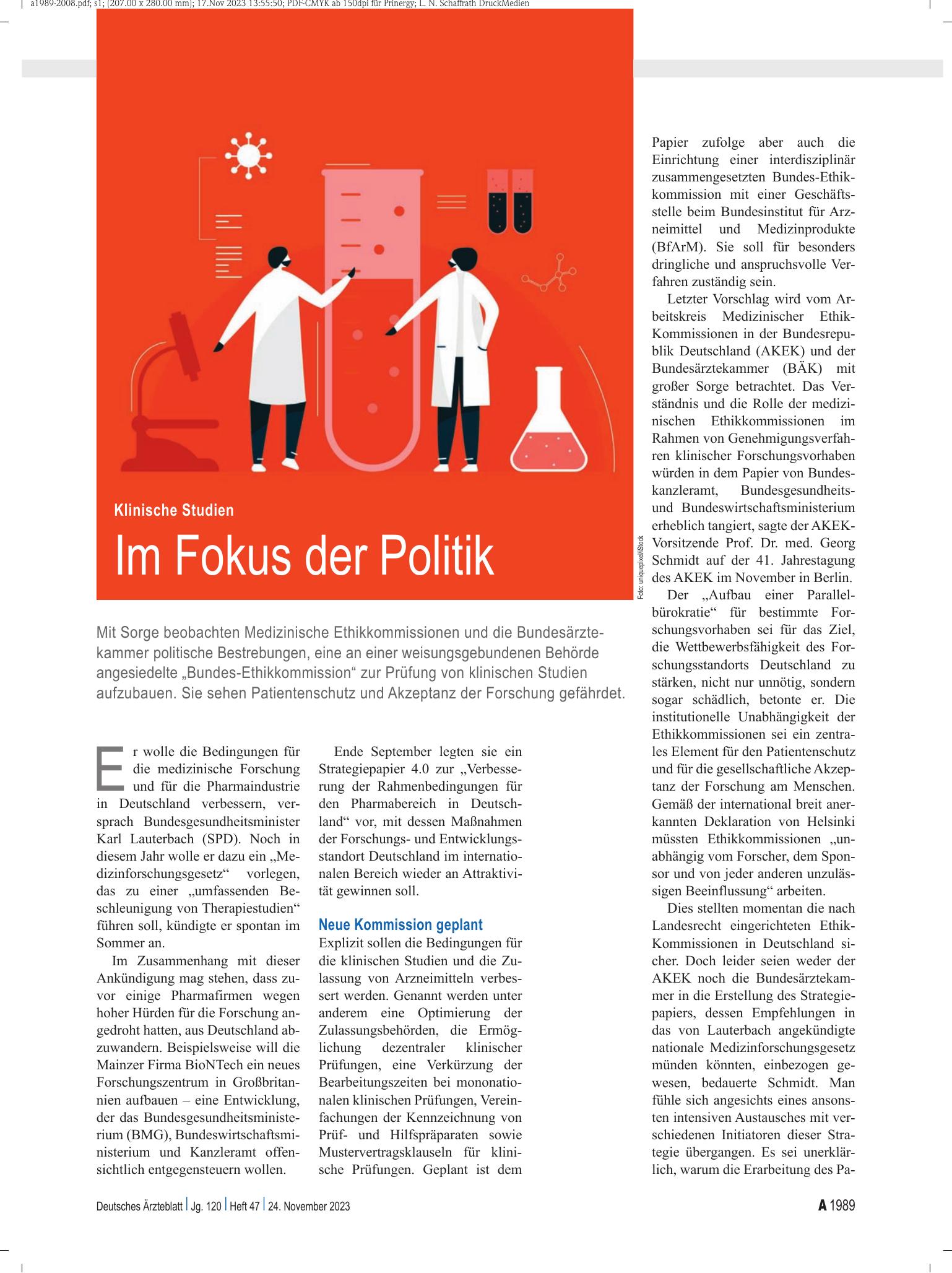 Vorschauseite 1: Klinische Studien: Im Fokus der Politik – Deutsches Ärzteblatt