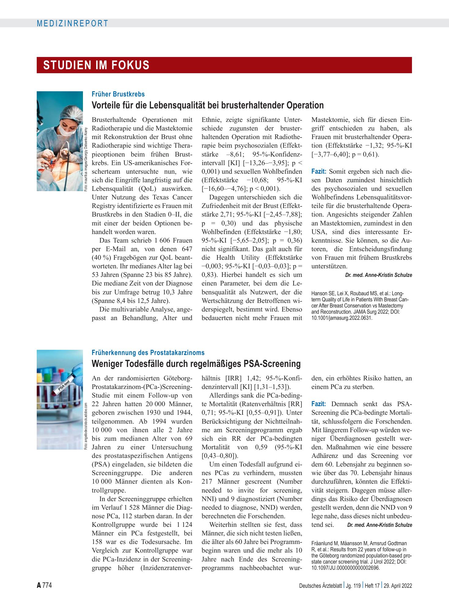 Vorschauseite 1: Früher Brustkrebs: Vorteile für die Lebensqualität bei brusterhaltender Operation – Deutsches Ärzteblatt
