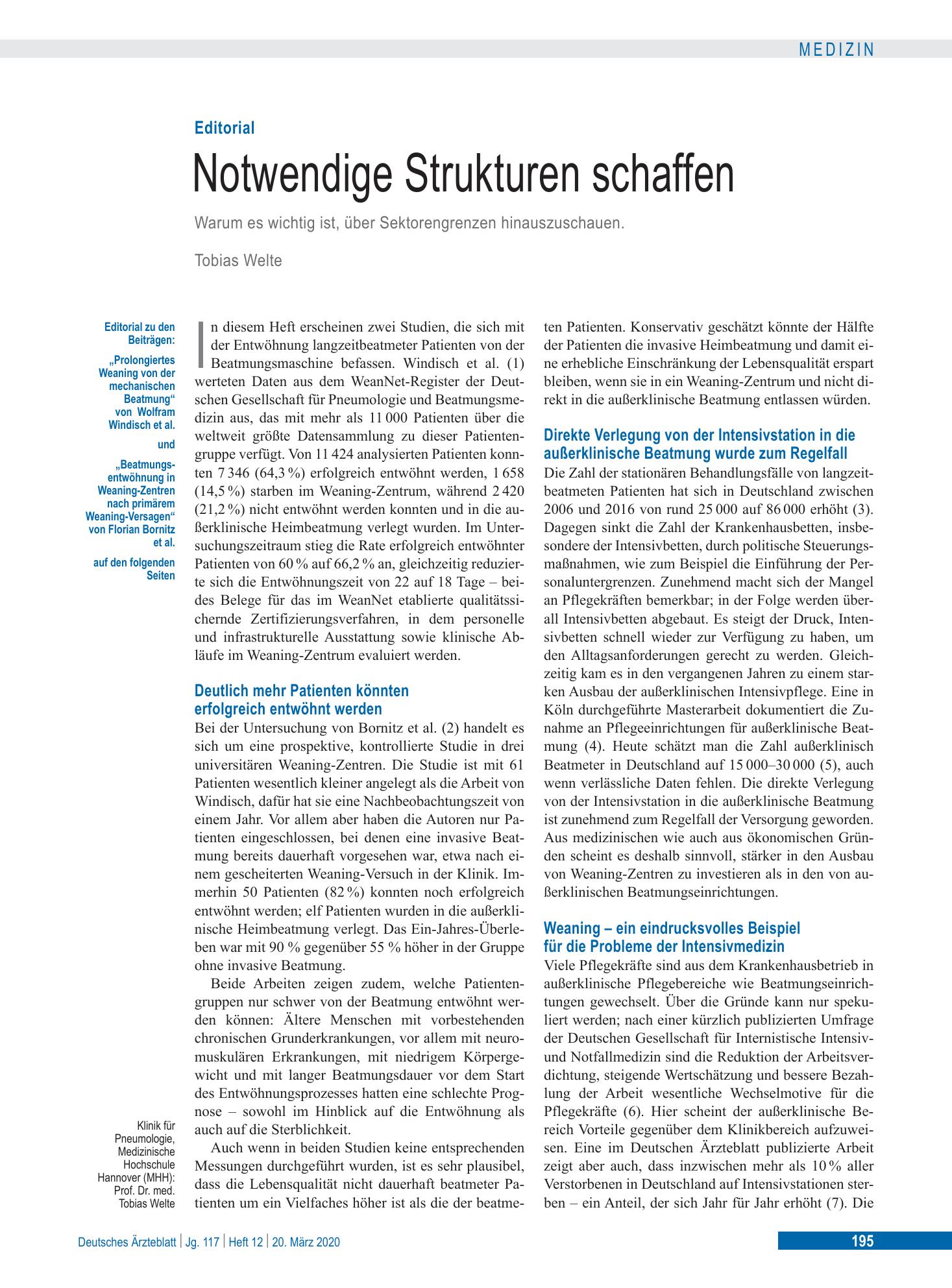 Vorschauseite 1: Notwendige Strukturen schaffen – Deutsches Ärzteblatt