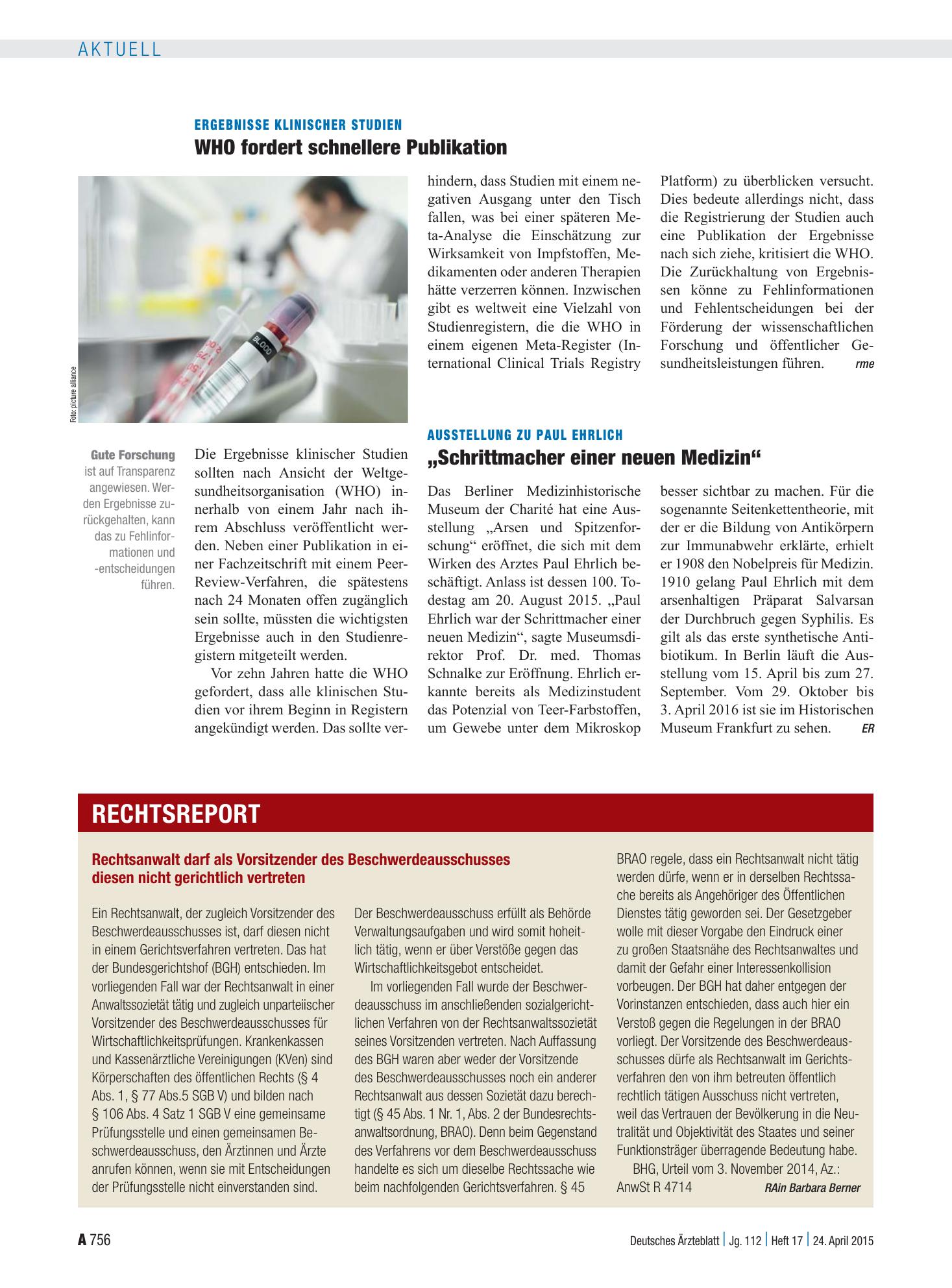 Vorschauseite 1: Rechtsanwalt darf als Vorsitzender des Beschwerdeausschusses diesen nicht gerichtlich vertreten – Deutsches Ärzteblatt