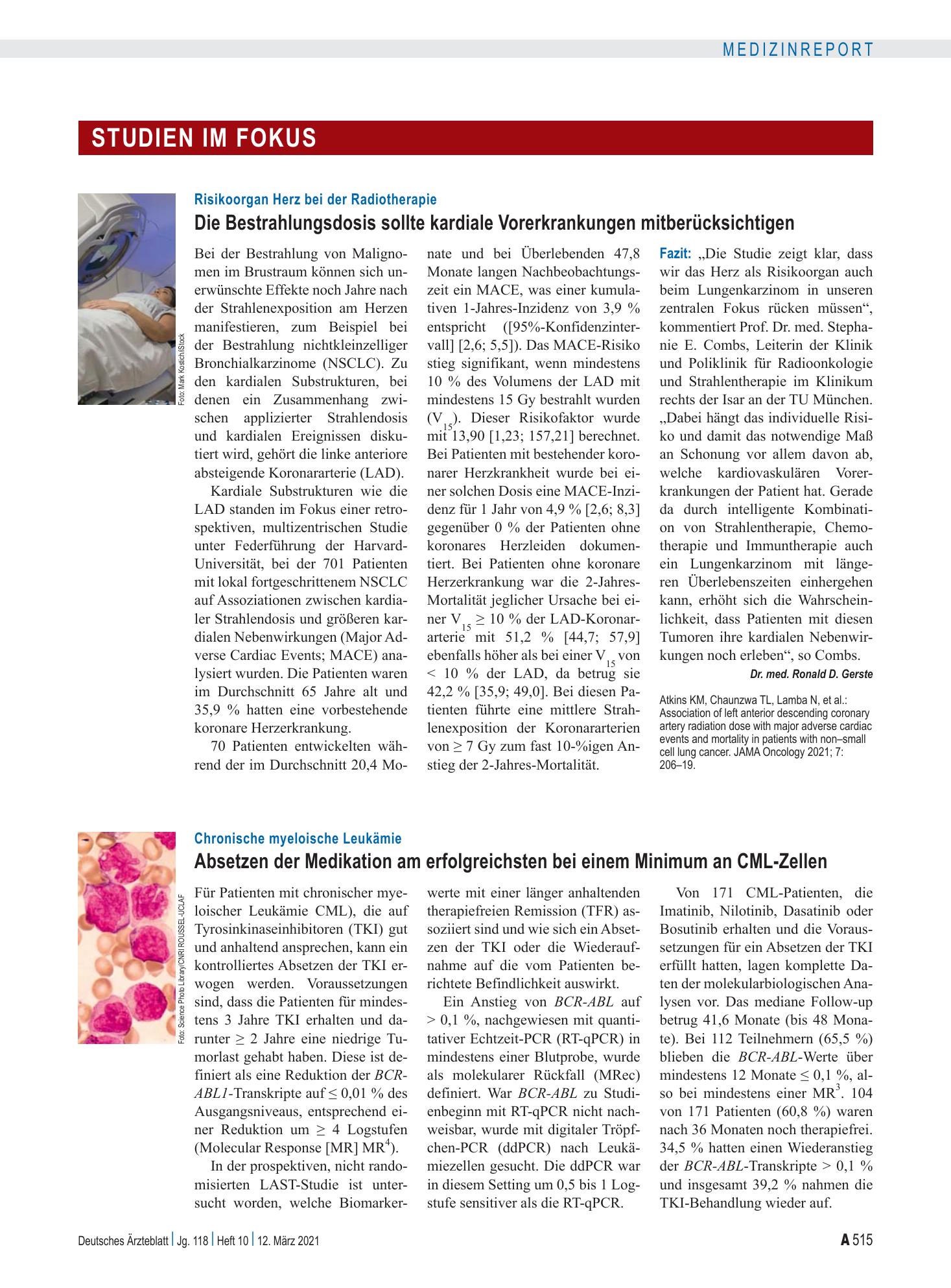 Vorschauseite 1: Chronische myeloische Leukämie: Absetzen der Medikation am erfolgreichsten bei einem Minimum an CML-Zellen – Deutsches Ärzteblatt