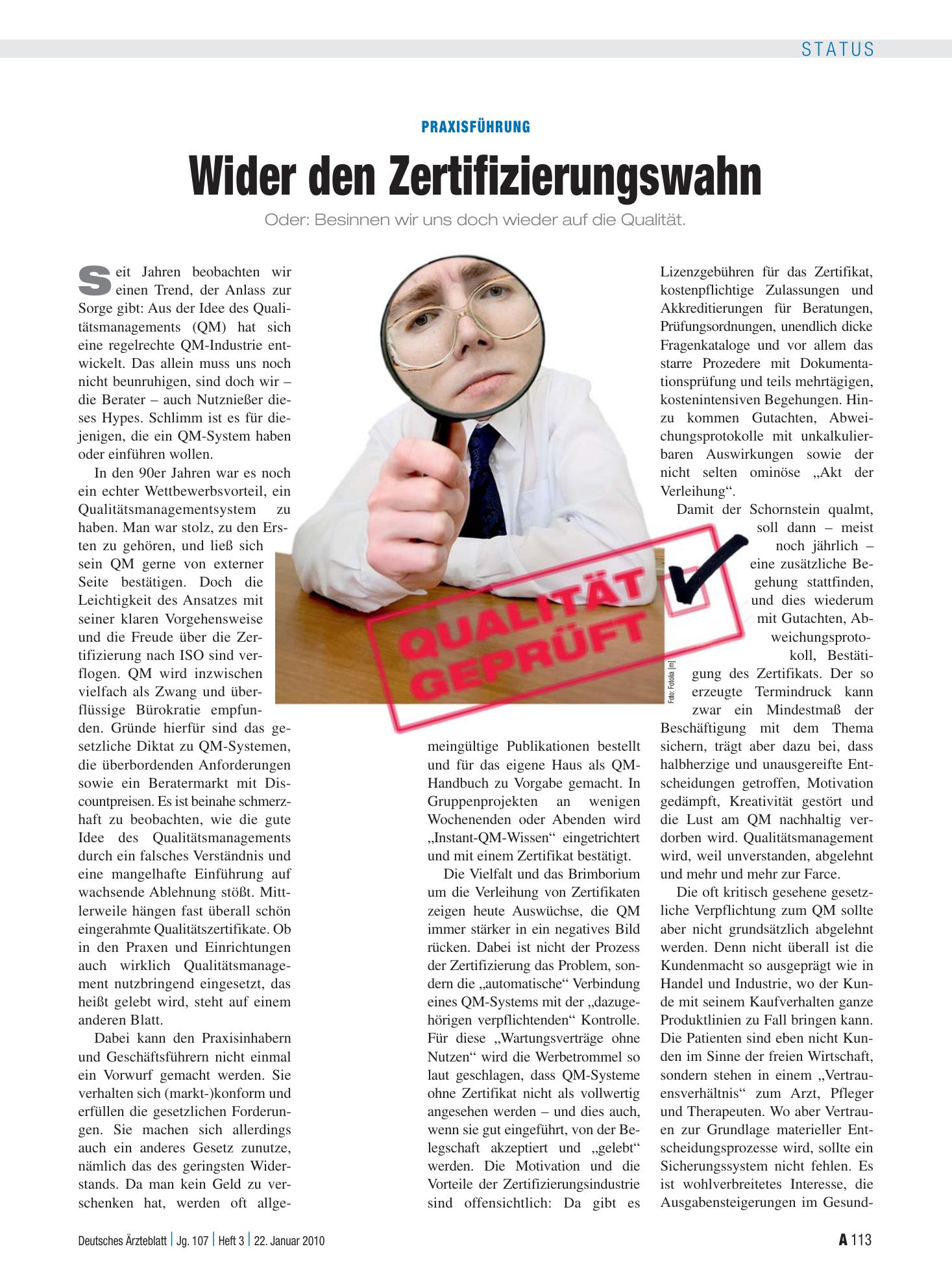 Vorschauseite 1: Praxisführung: Wider den Zertifizierungswahn – Deutsches Ärzteblatt