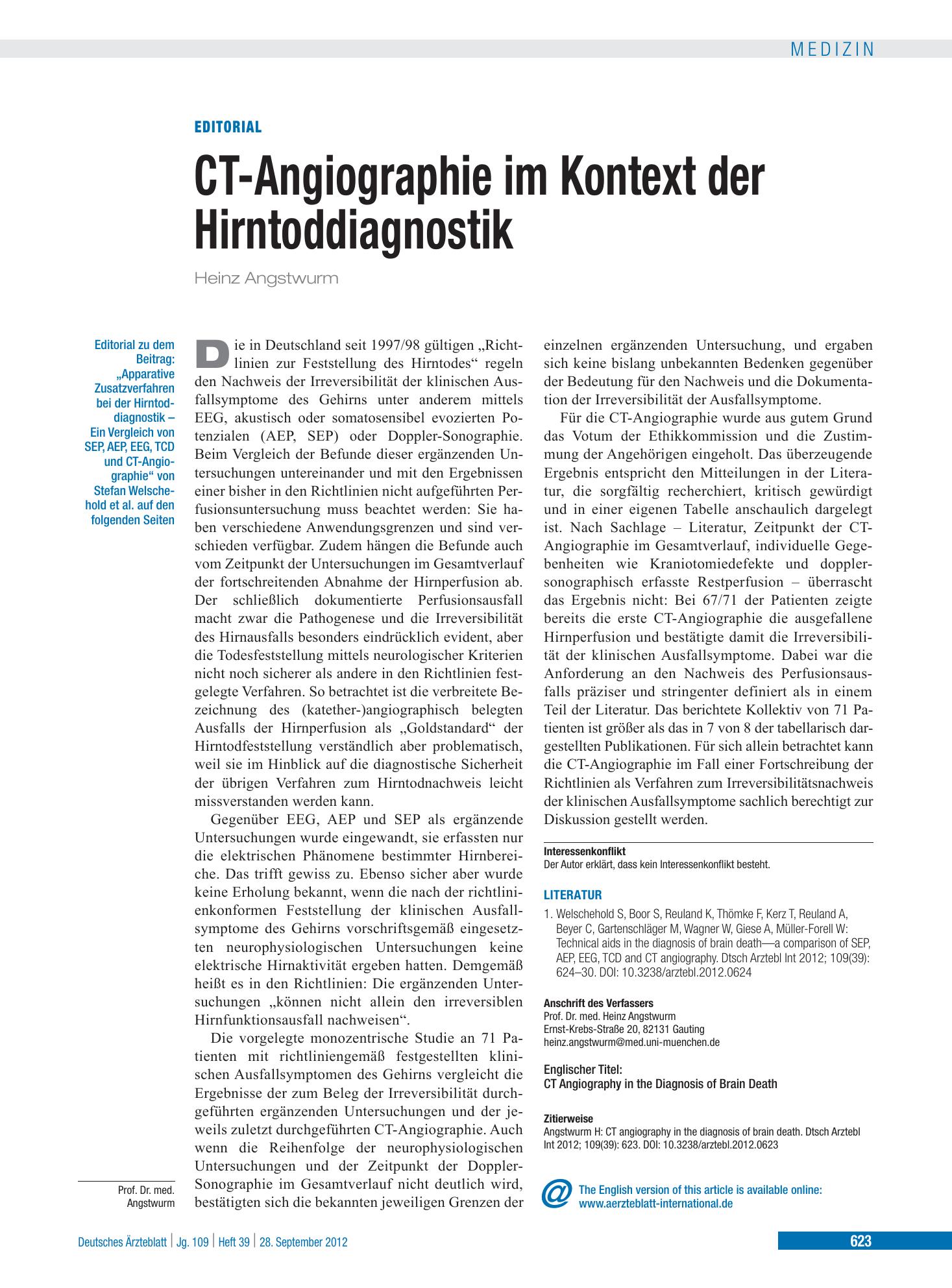 Vorschauseite 1: Apparative Zusatzverfahren bei der Hirntoddiagnostik – Deutsches Ärzteblatt