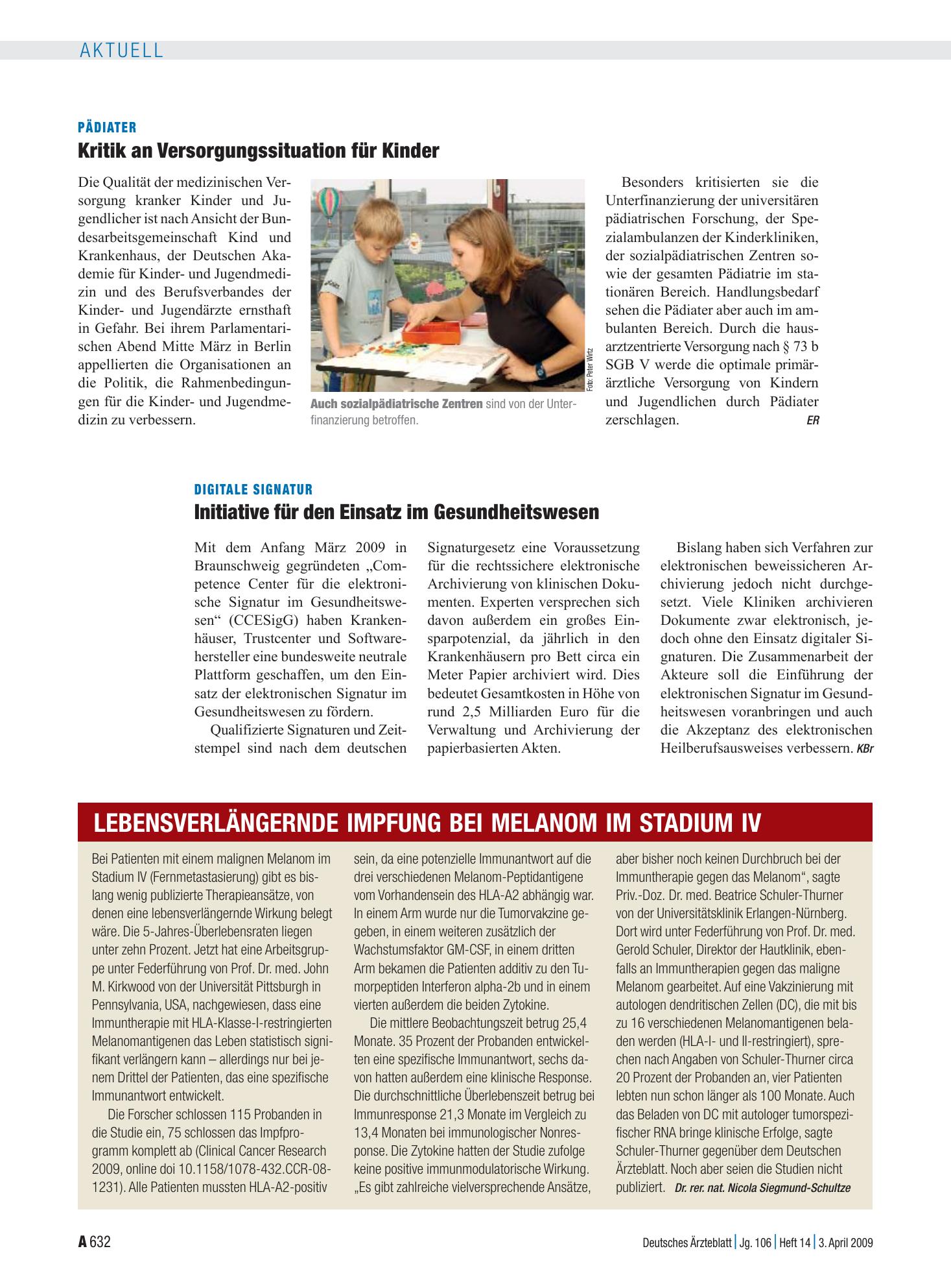 Vorschauseite 1: Lebensverlängernde Impfung bei Melanom im Stadium IV – Deutsches Ärzteblatt