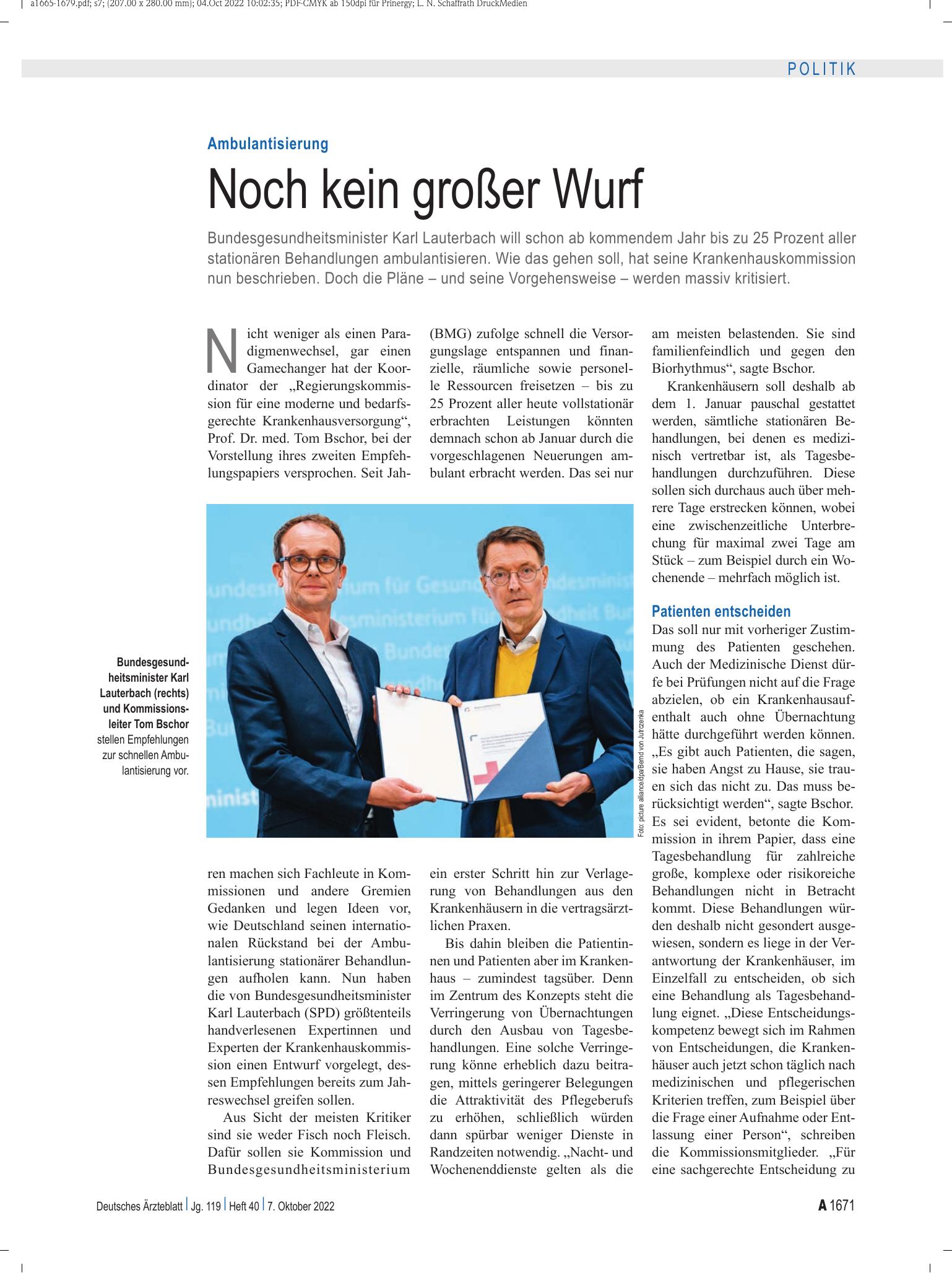 Vorschauseite 1: Ambulantisierung: Noch kein großer Wurf – Deutsches Ärzteblatt