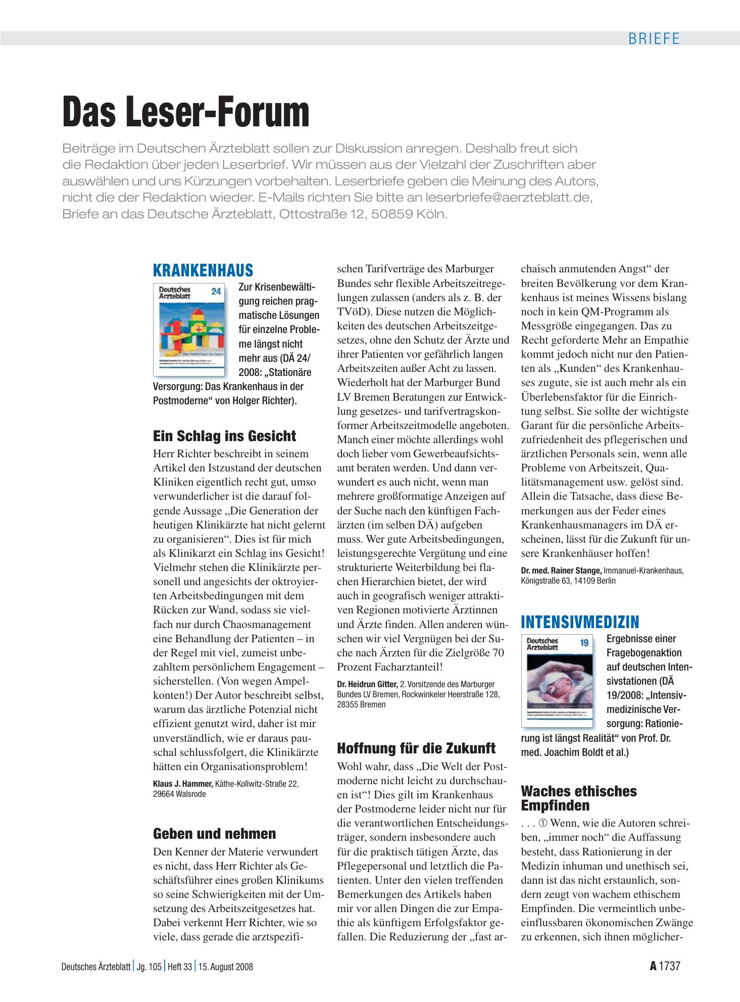 Vorschauseite 1: Krankenhaus: Geben und nehmen – Deutsches Ärzteblatt