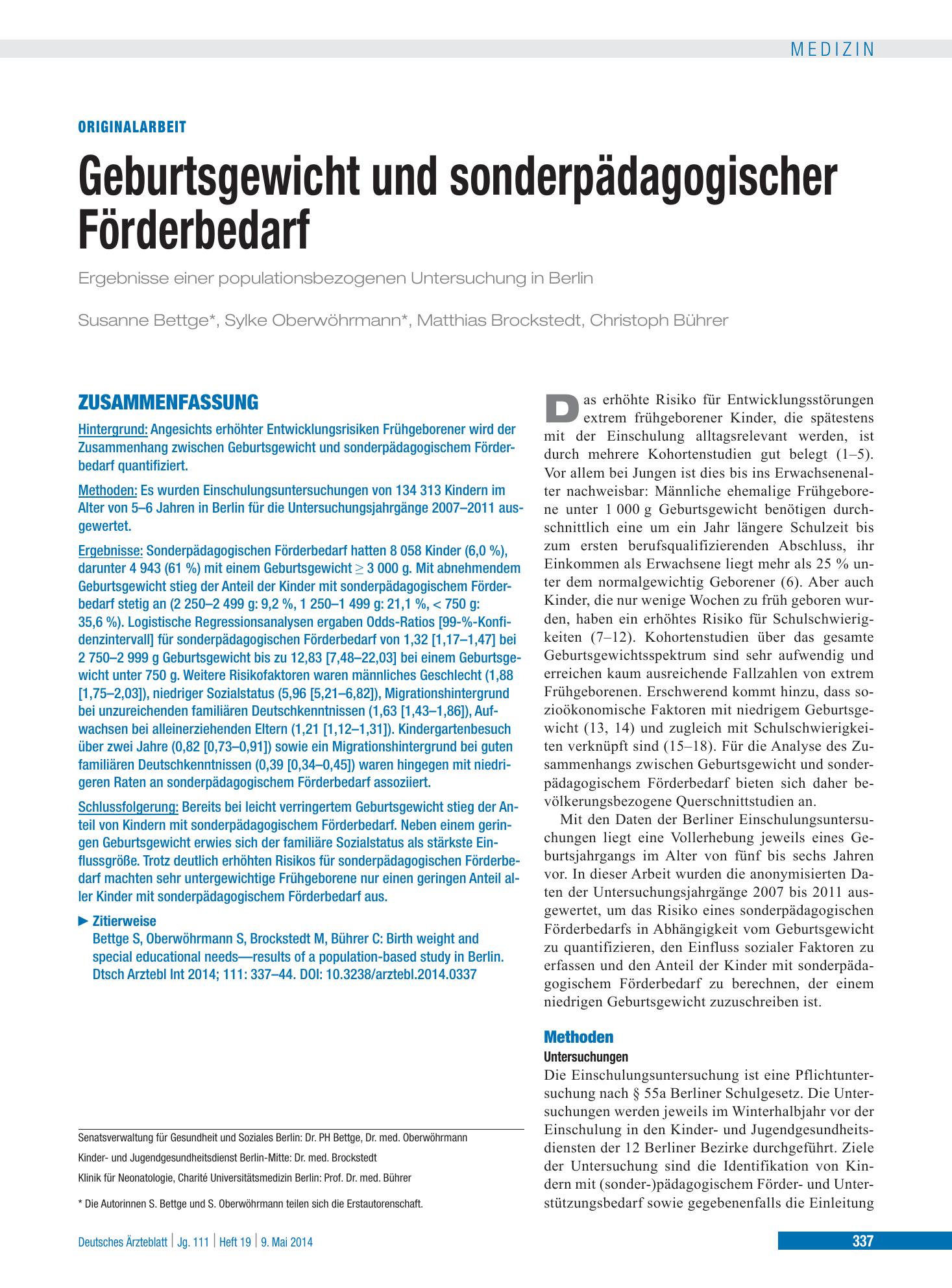 Vorschauseite 1: Geburtsgewicht und sonderpädagogischer Förderbedarf – Deutsches Ärzteblatt