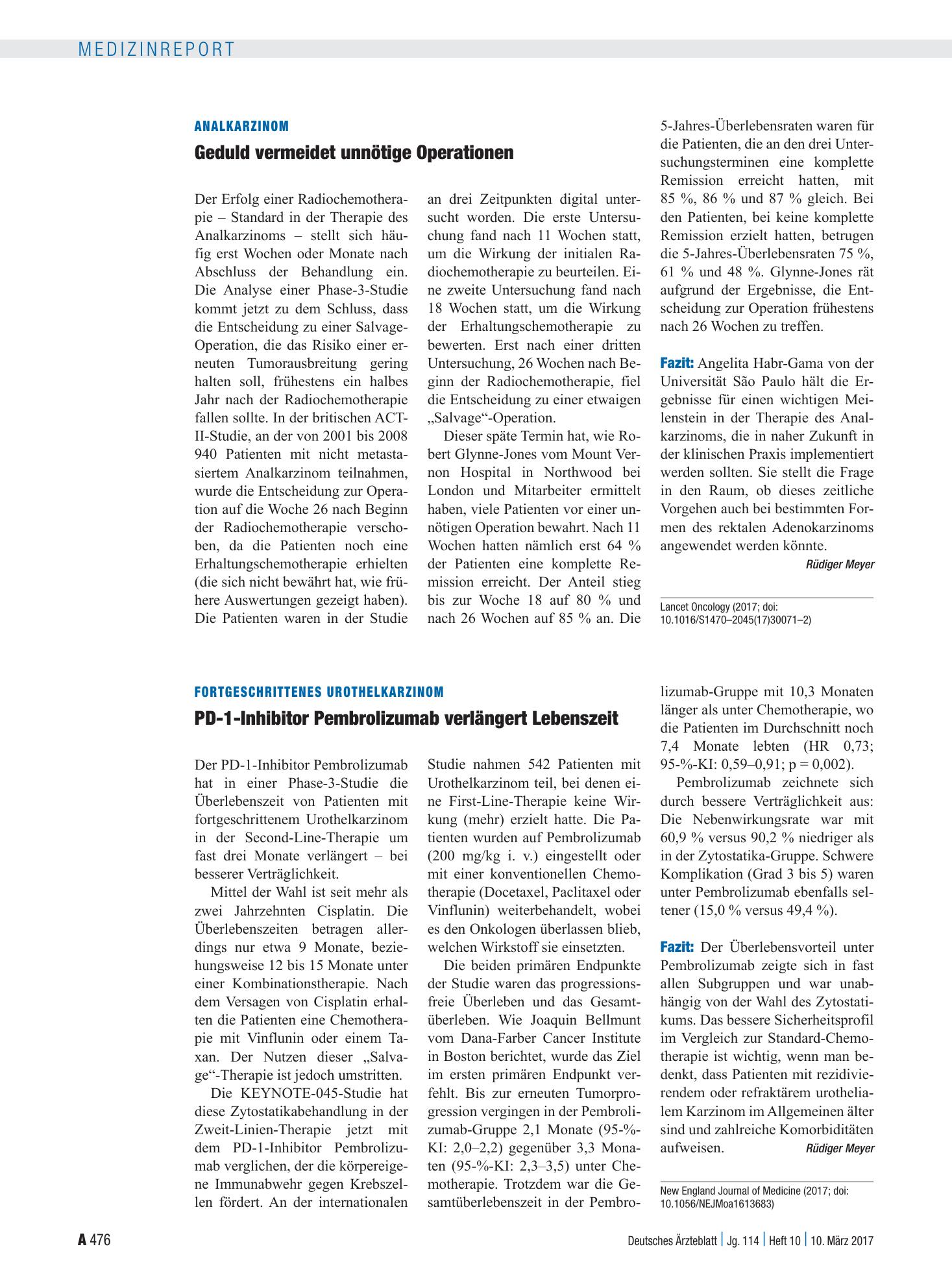 Vorschauseite 1: Analkarzinom: Geduld vermeidet unnötige Operationen – Deutsches Ärzteblatt