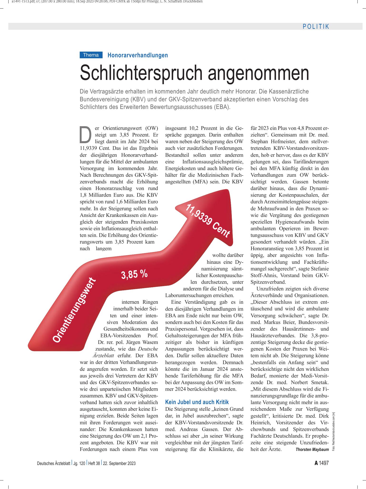 Vorschauseite 1: Honorarverhandlungen: Schlichterspruch angenommen – Deutsches Ärzteblatt