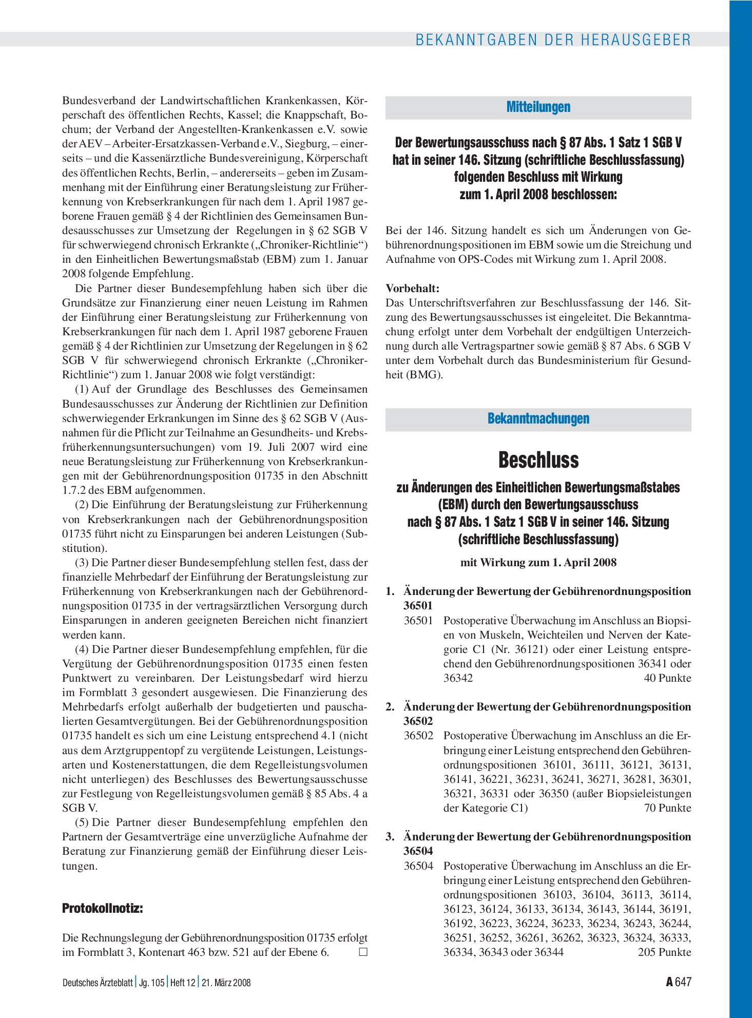 Vorschauseite 1: Bekanntmachungen: Beschluss zu Änderungen des Einheitlichen Bewertungsmaßstabes (EBM) durch den Bewertungsausschuss nach § 87 Abs. 1 Satz 1 SGB V in seiner 146. Sitzung (schriftli…
