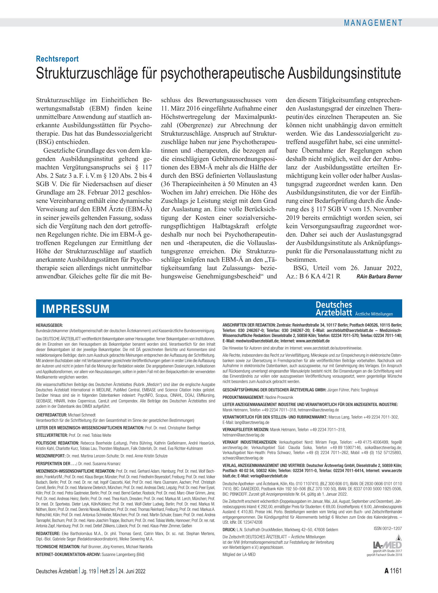 Vorschauseite 1: Rechtsreport: Strukturzuschläge für psychotherapeutische Ausbildungsinstitute – Deutsches Ärzteblatt