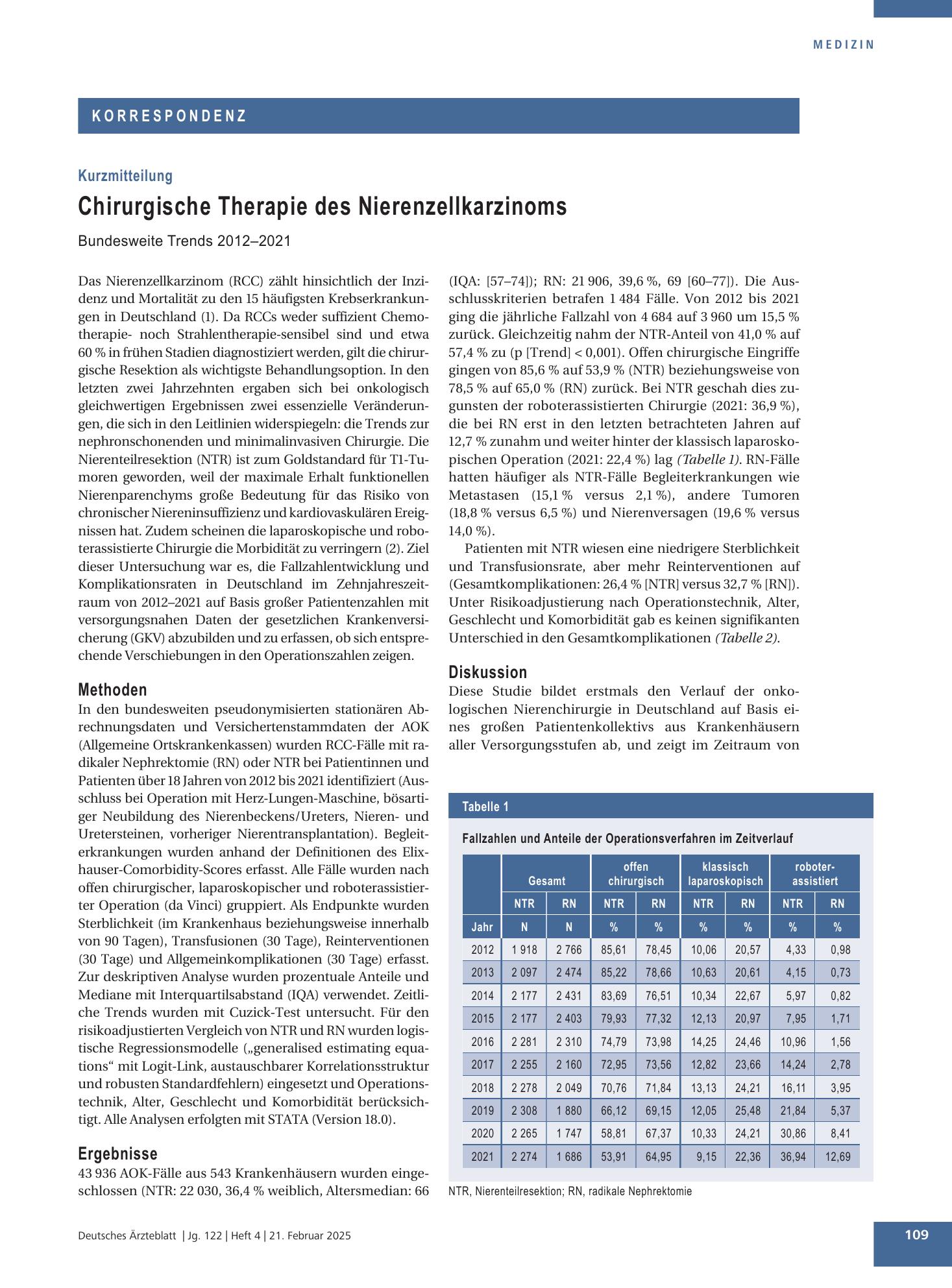 Vorschauseite 1: Chirurgische Therapie des Nierenzellkarzinoms – Deutsches Ärzteblatt