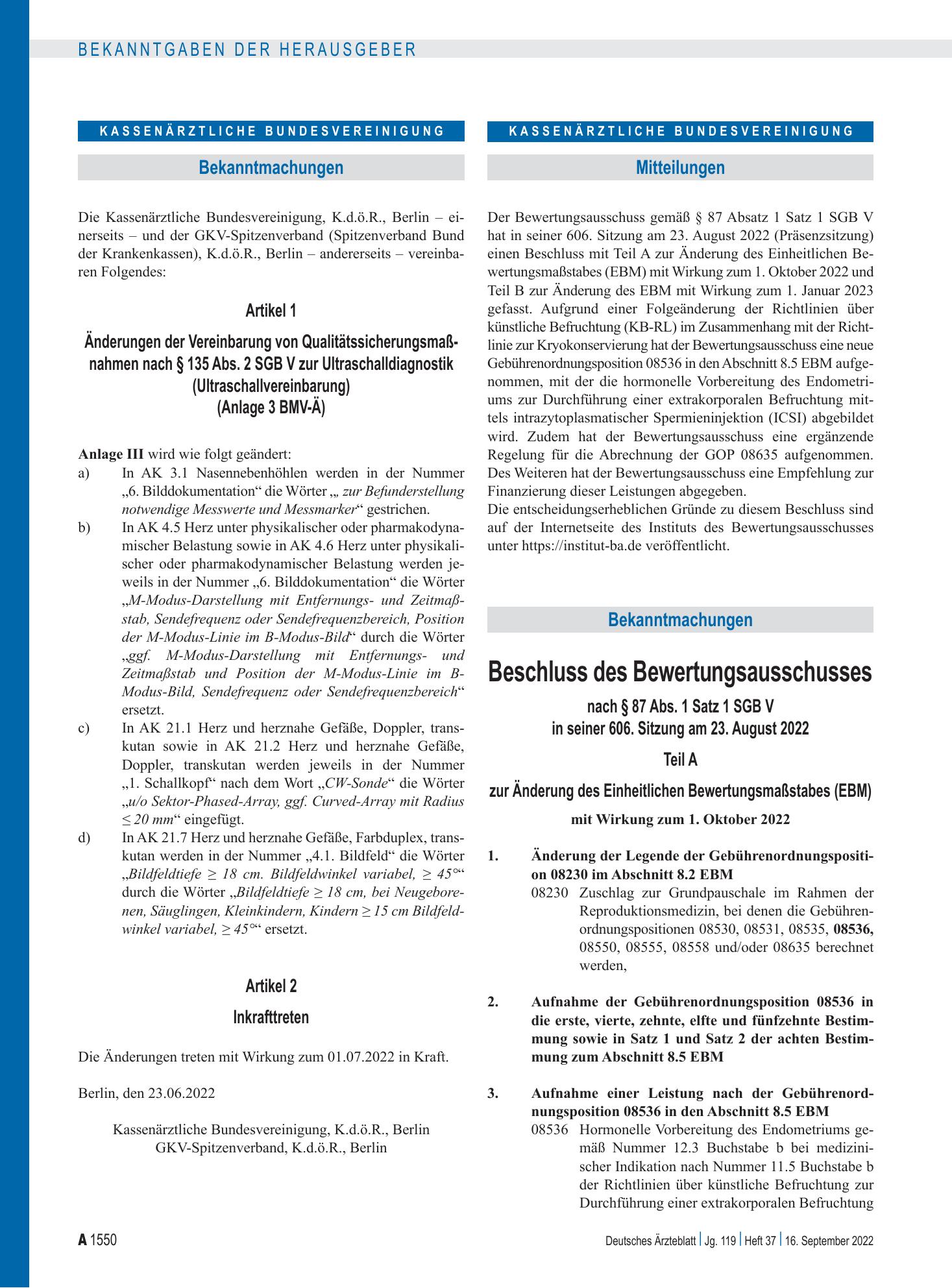 Vorschauseite 1: Beschluss des Bewertungsausschusses nach § 87 Abs. 1 Satz 1 SGB V in seiner 606. Sitzung am 23. August 2022 – Deutsches Ärzteblatt