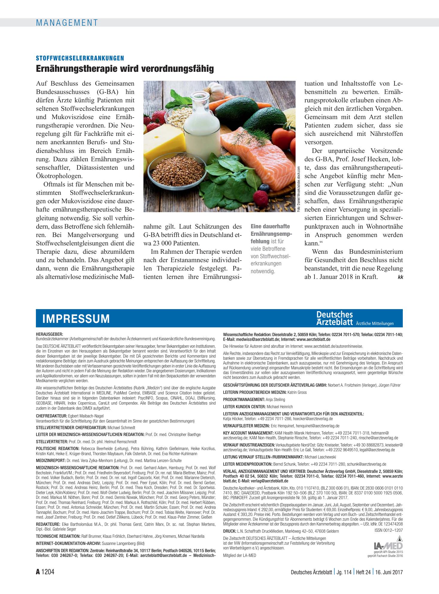 Vorschauseite 1: Stoffwechselerkrankungen: Ernährungstherapie wird verordnungsfähig – Deutsches Ärzteblatt