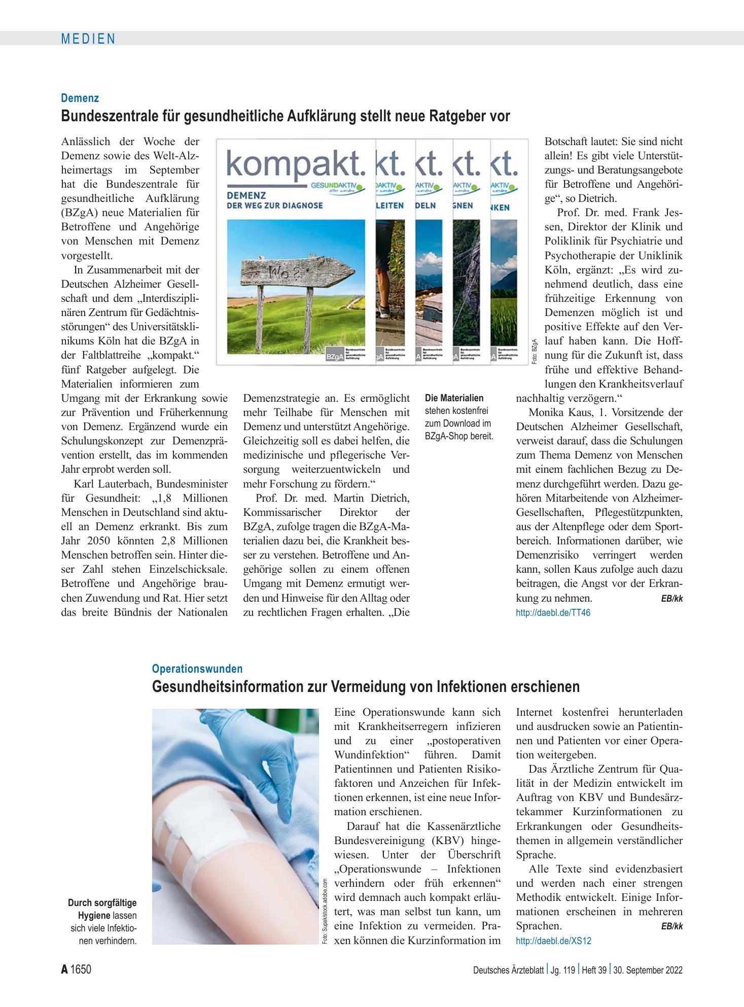 Vorschauseite 1: Operationswunden: Gesundheitsinformation zur Vermeidung von Infektionen erschienen – Deutsches Ärzteblatt