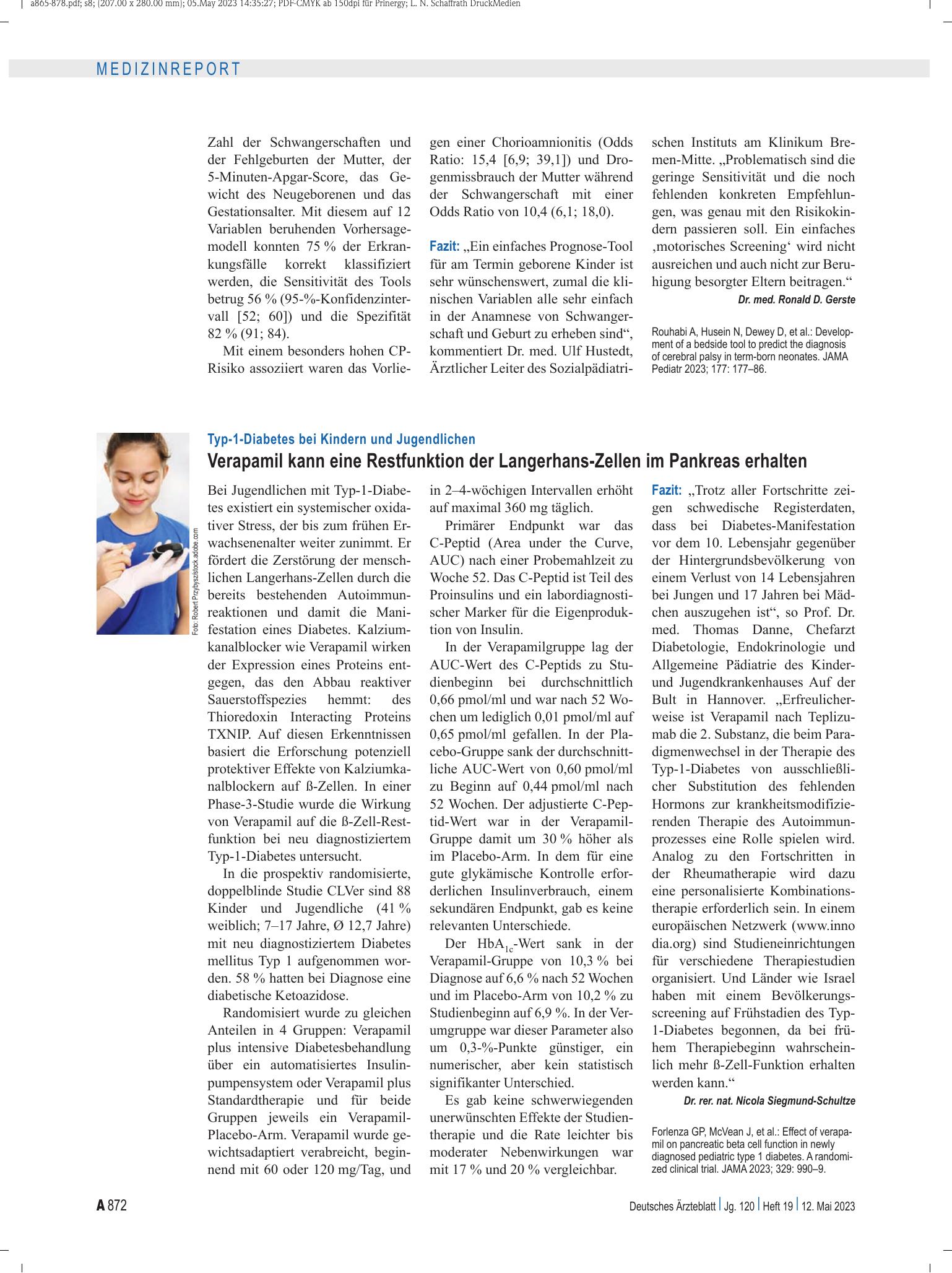 Vorschauseite 1: Typ-1-Diabetes bei Kindern und Jugendlichen: Verapamil kann eine Restfunktion der Langerhans-Zellen im Pankreas erhalten – Deutsches Ärzteblatt
