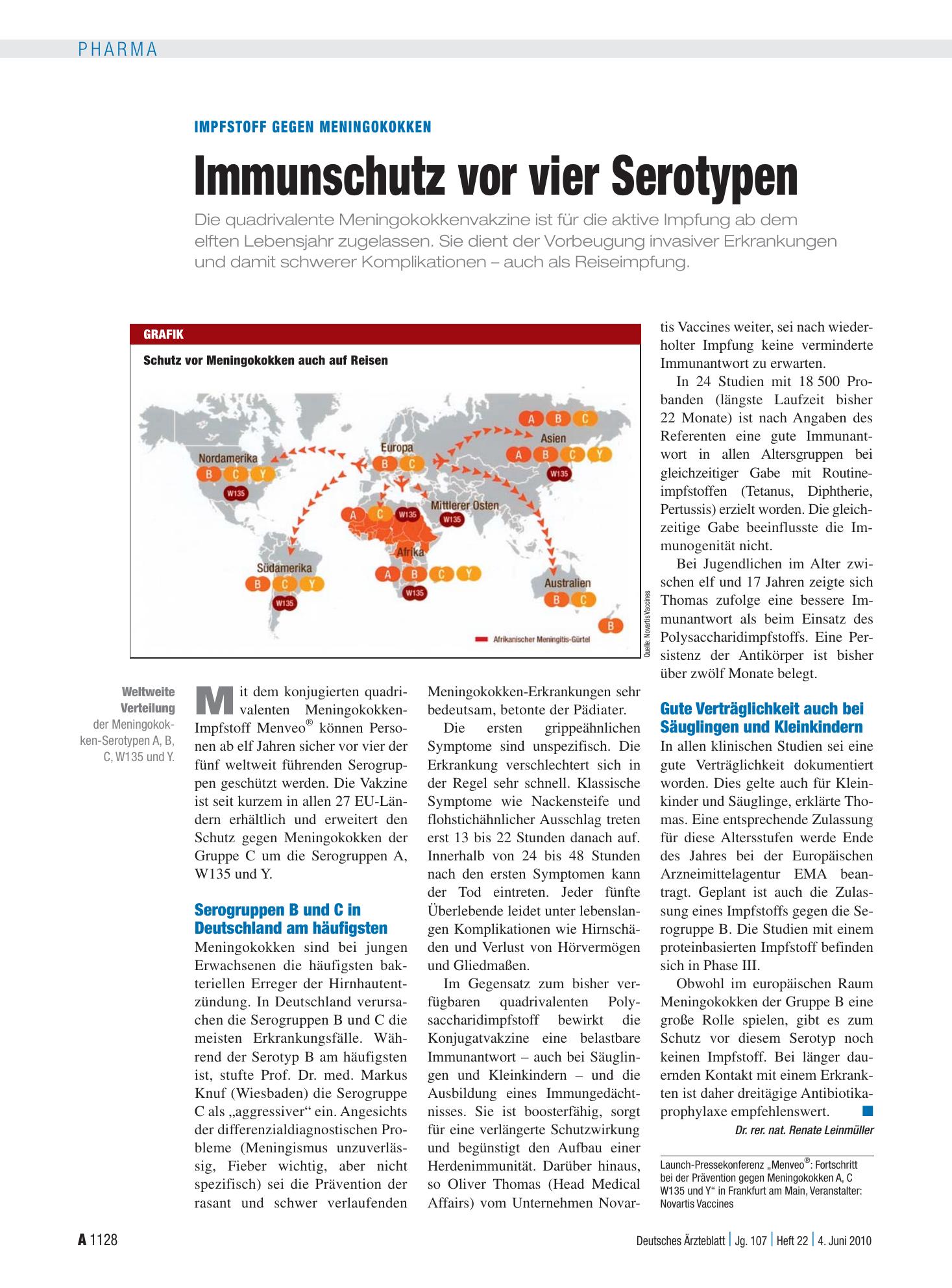 Vorschauseite 1: Impfstoff gegen Meningokokken: Immunschutz vor vier Serotypen – Deutsches Ärzteblatt