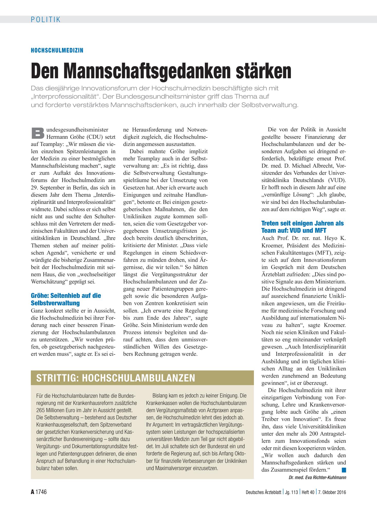 Vorschauseite 1: Hochschulmedizin: Den Mannschaftsgedanken stärken – Deutsches Ärzteblatt