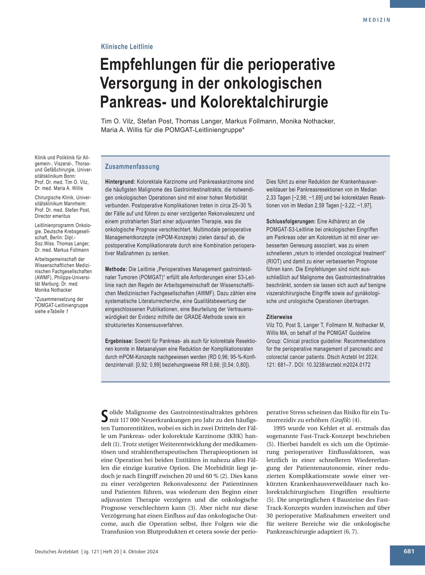 Vorschauseite 1: Empfehlungen für die perioperative Versorgung in der onkologischen Pankreas- und Kolorektalchirurgie – Deutsches Ärzteblatt