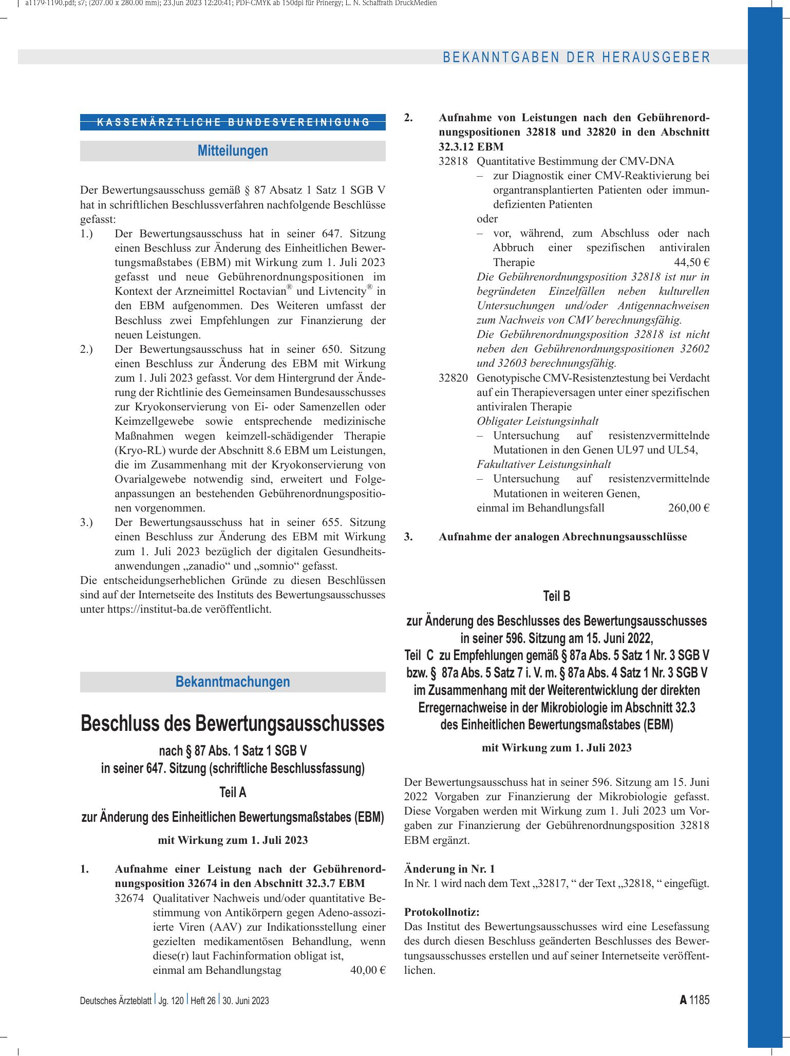 Vorschauseite 1: Beschluss des Bewertungsausschusses nach § 87 Abs. 1 Satz 1 SGB V in seiner 647. Sitzung (schriftliche Beschlussfassung) – Deutsches Ärzteblatt