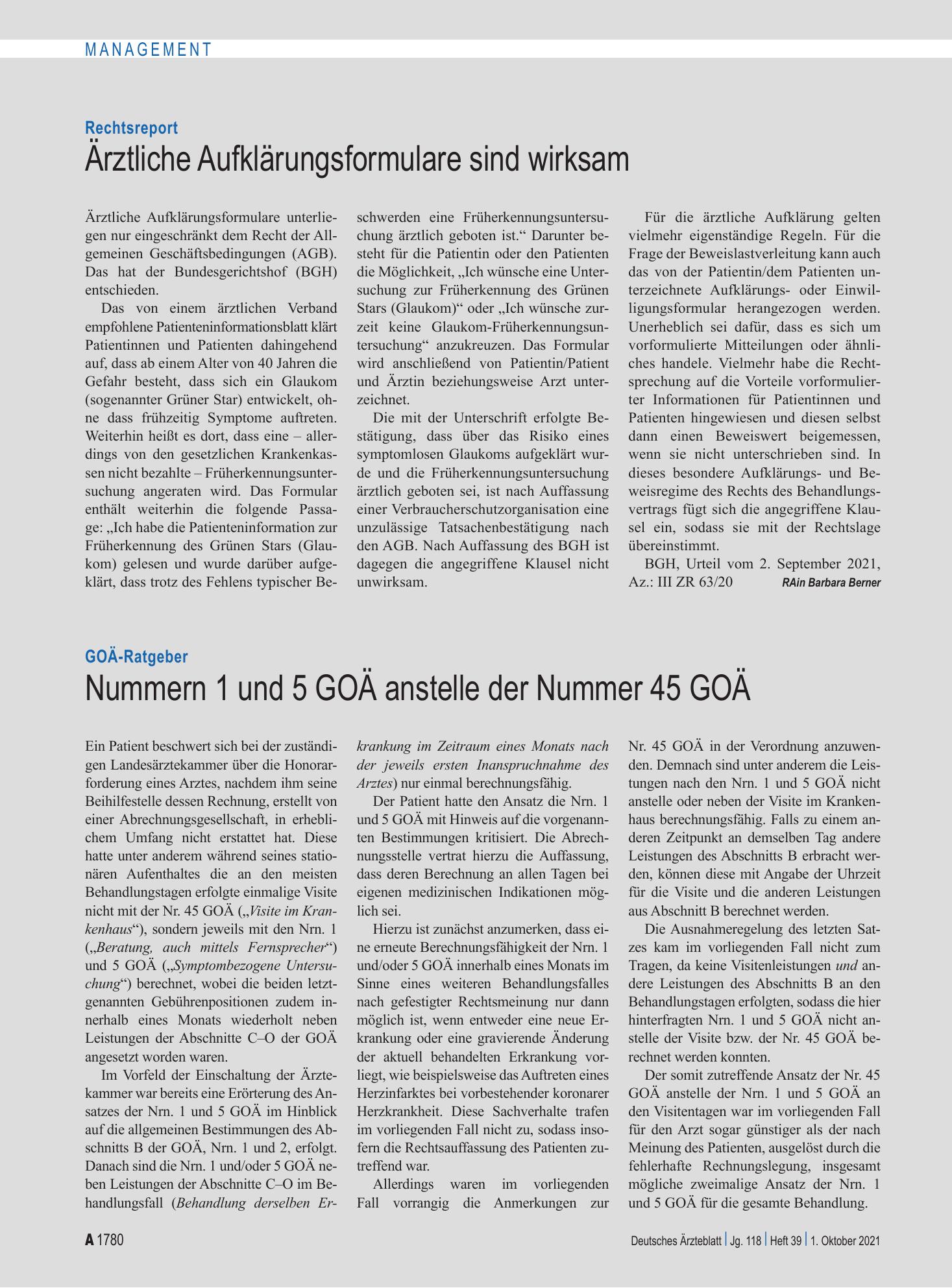 Vorschauseite 1: Rechtsreport: Ärztliche Aufklärungsformulare sind wirksam – Deutsches Ärzteblatt