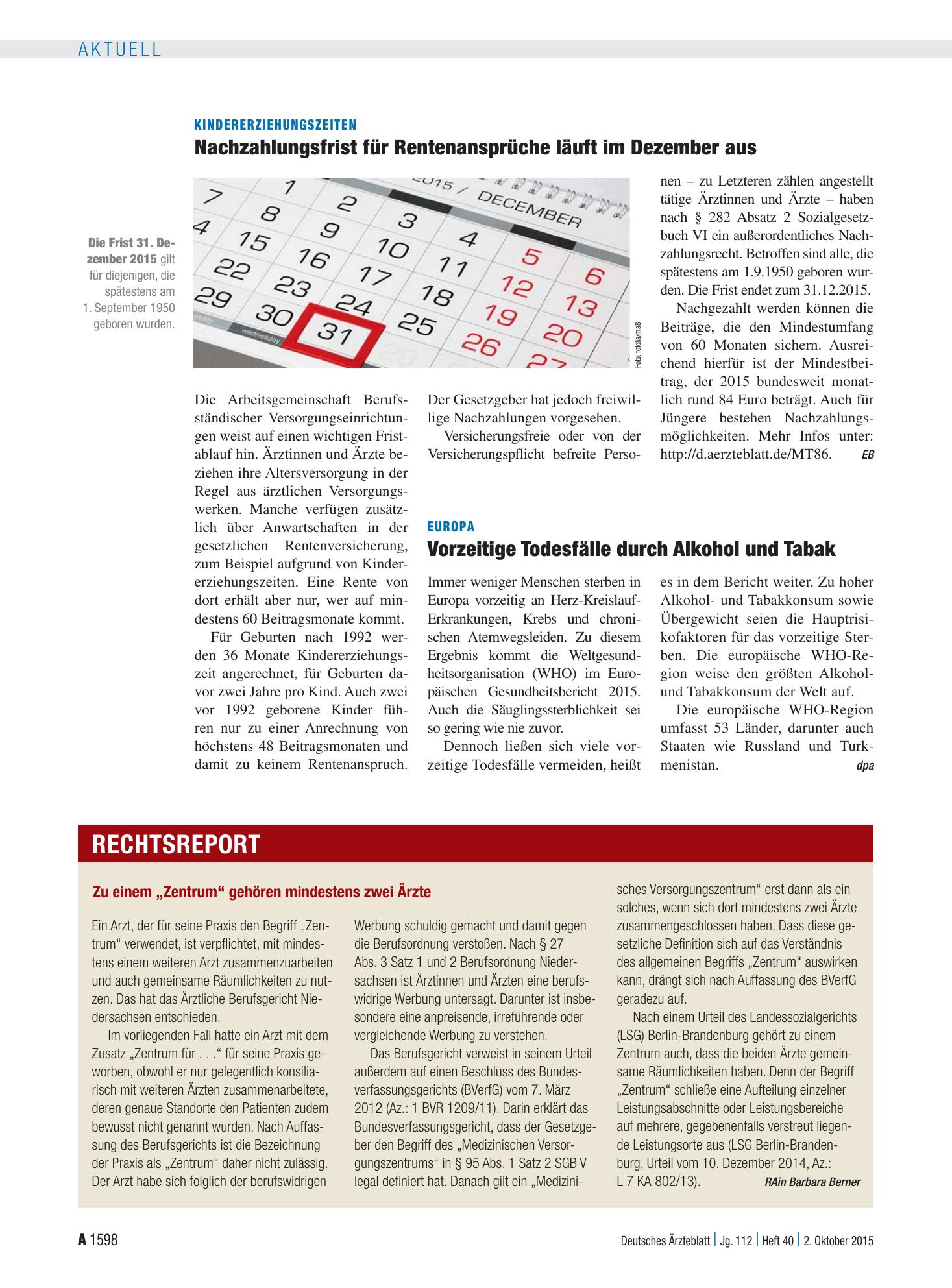 Vorschauseite 1: Zu einem „Zentrum“ gehören mindestens zwei Ärzte – Deutsches Ärzteblatt