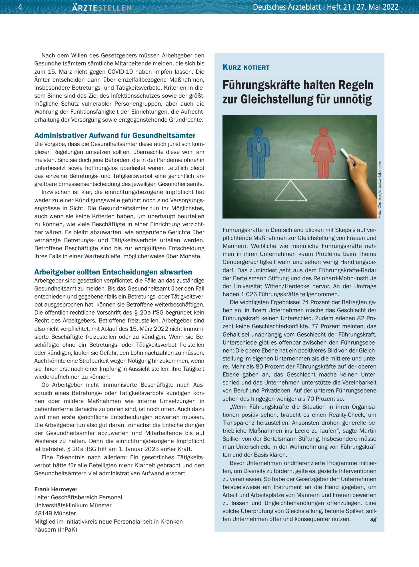 Vorschauseite 1: Führungskräfte halten Regeln zur Gleichstellung für unnötig – Deutsches Ärzteblatt