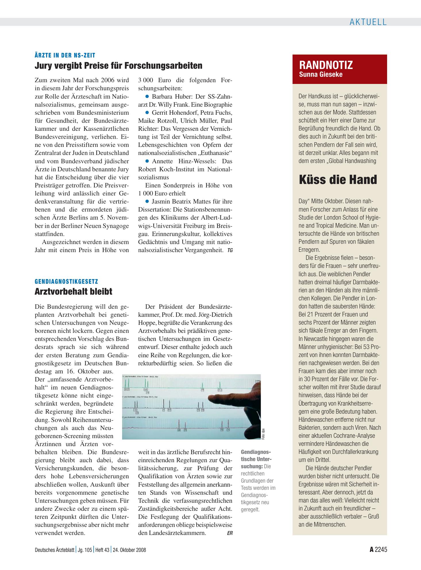 Vorschauseite 1: Randnotiz: Küss die Hand – Deutsches Ärzteblatt