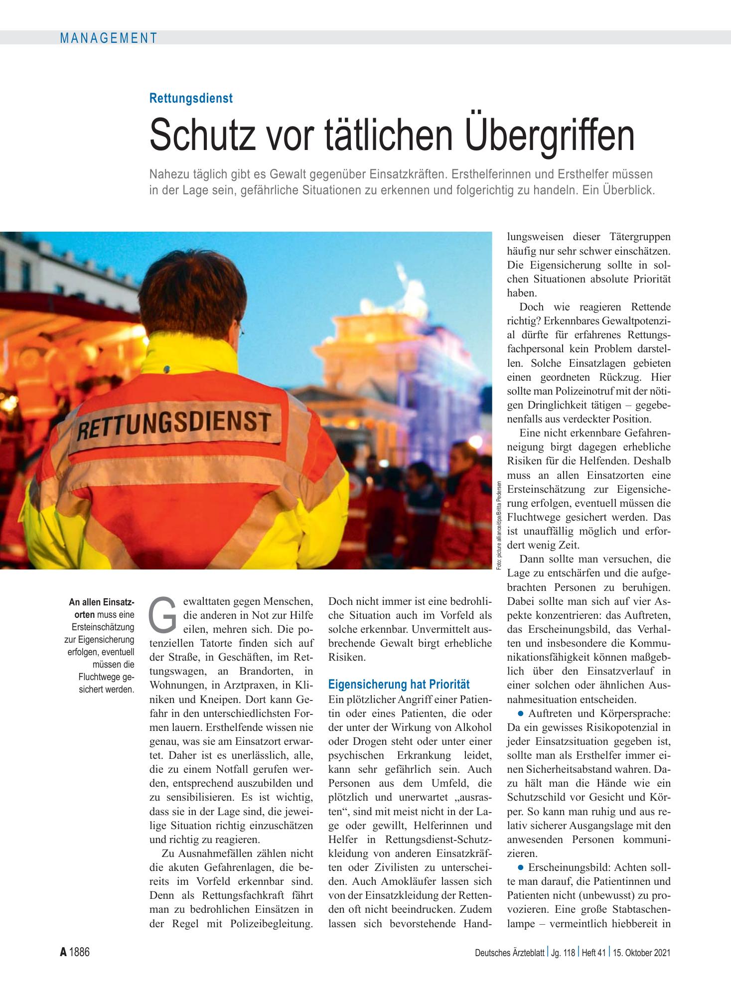 Vorschauseite 1: Rettungsdienst: Schutz vor tätlichen Übergriffen – Deutsches Ärzteblatt