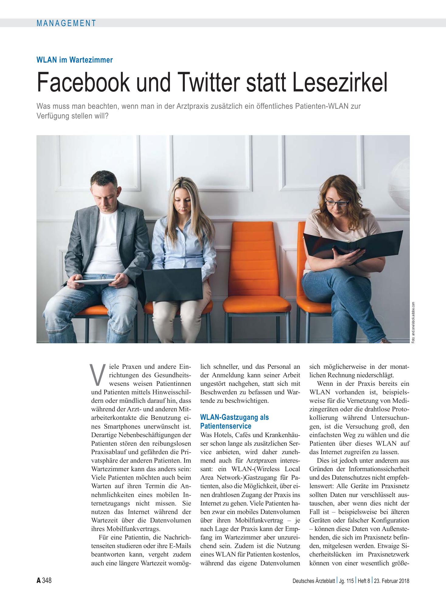 Vorschauseite 1: WLAN im Wartezimmer: Facebook und Twitter statt Lesezirkel – Deutsches Ärzteblatt