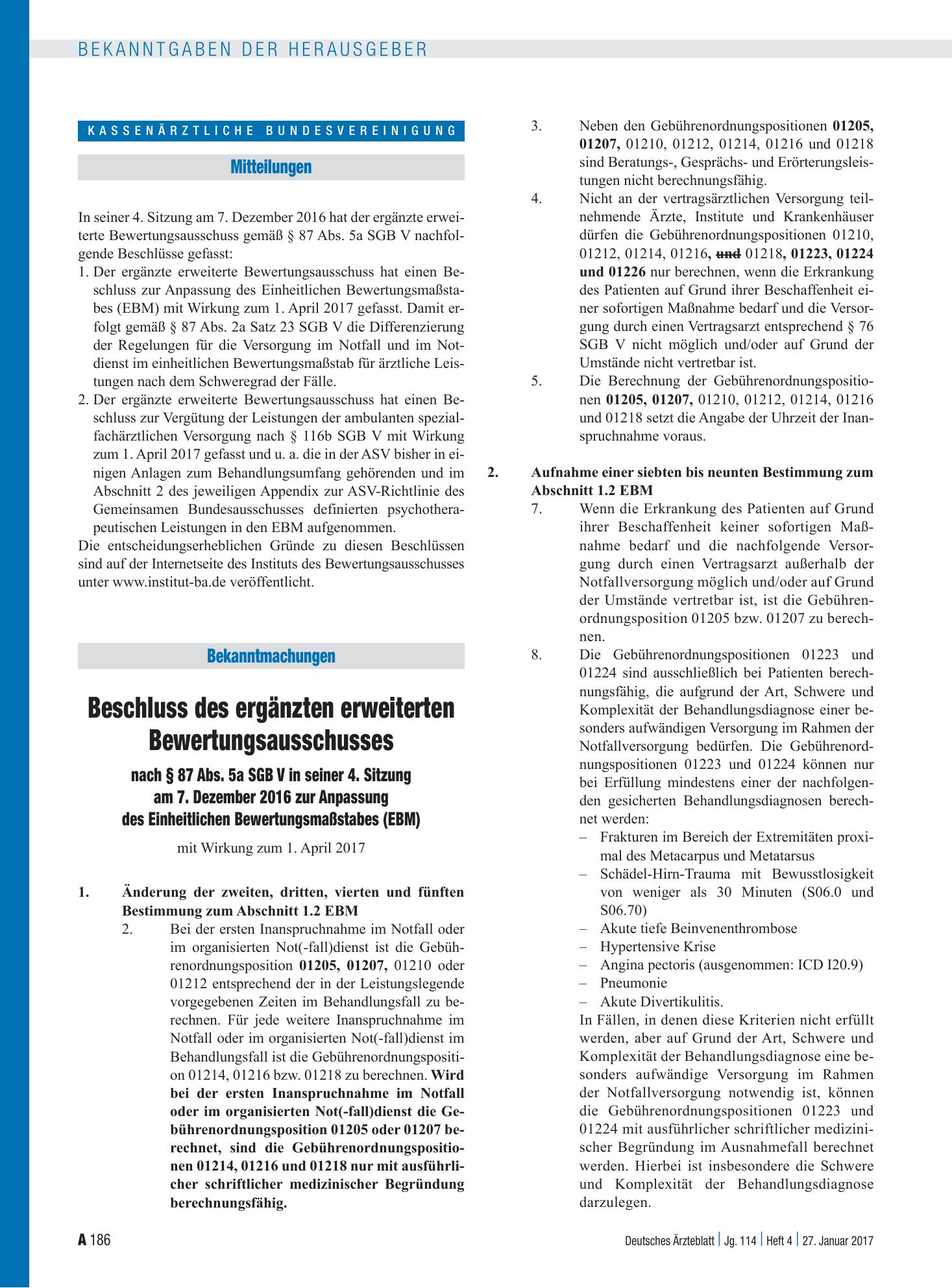 Vorschauseite 1: Beschluss des ergänzten erweiterten Bewertungsausschusses nach § 87 Abs. 5a SGB V in seiner 4. Sitzung am 7. Dezember 2016 – Deutsches Ärzteblatt