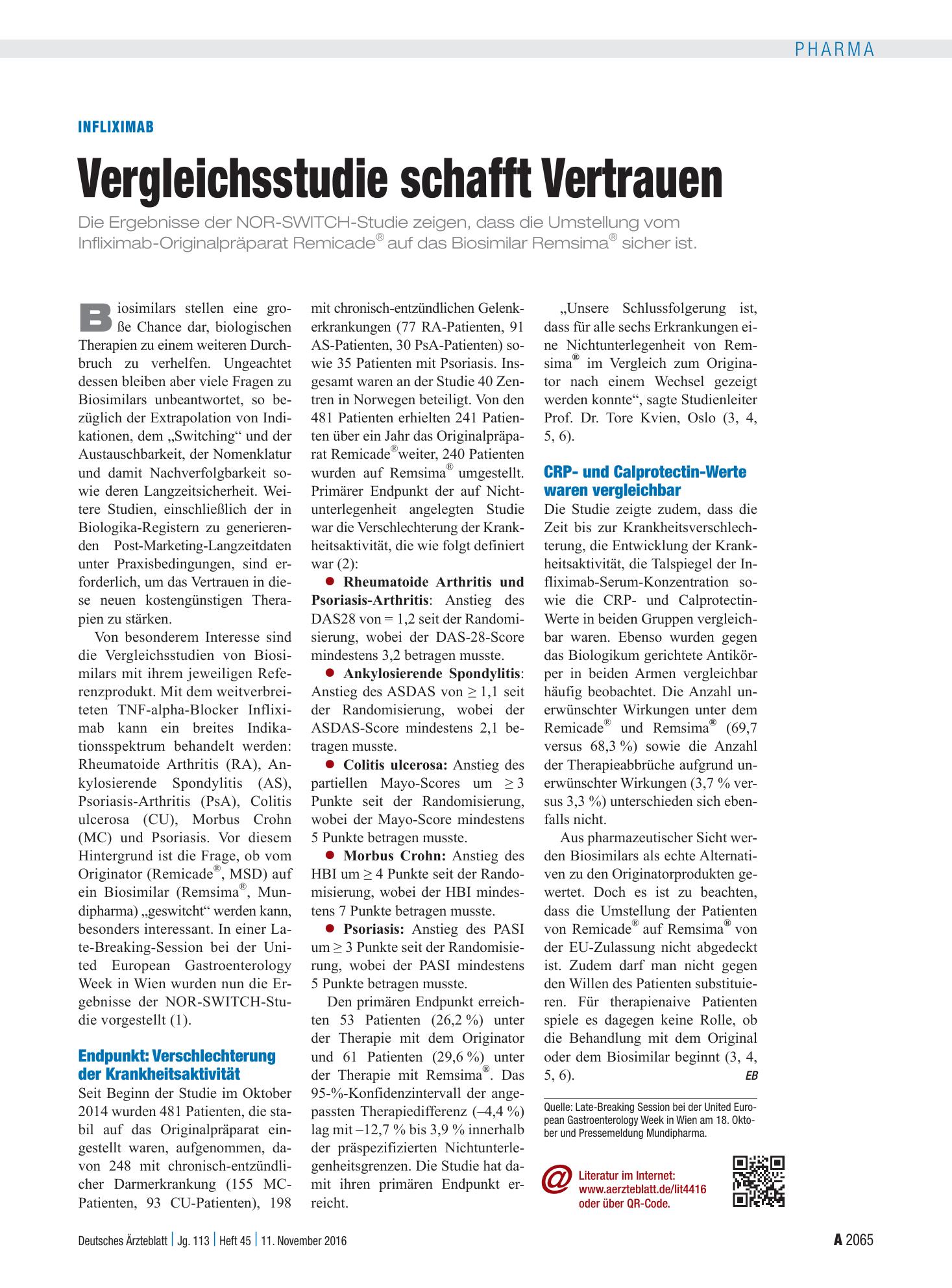 Vorschauseite 1: Infliximab: Vergleichsstudie schafft Vertrauen – Deutsches Ärzteblatt