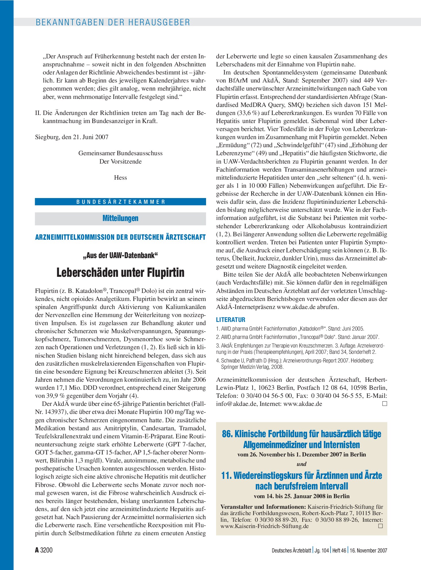 Vorschauseite 1: 86. Klinische Fortbildung für hausärztlich tätige Allgemeinmediziner und Internisten vom 26. November bis 1. Dezember 2007 in Berlin und 11. Wiedereinstiegskurs für Ärztinnen und…