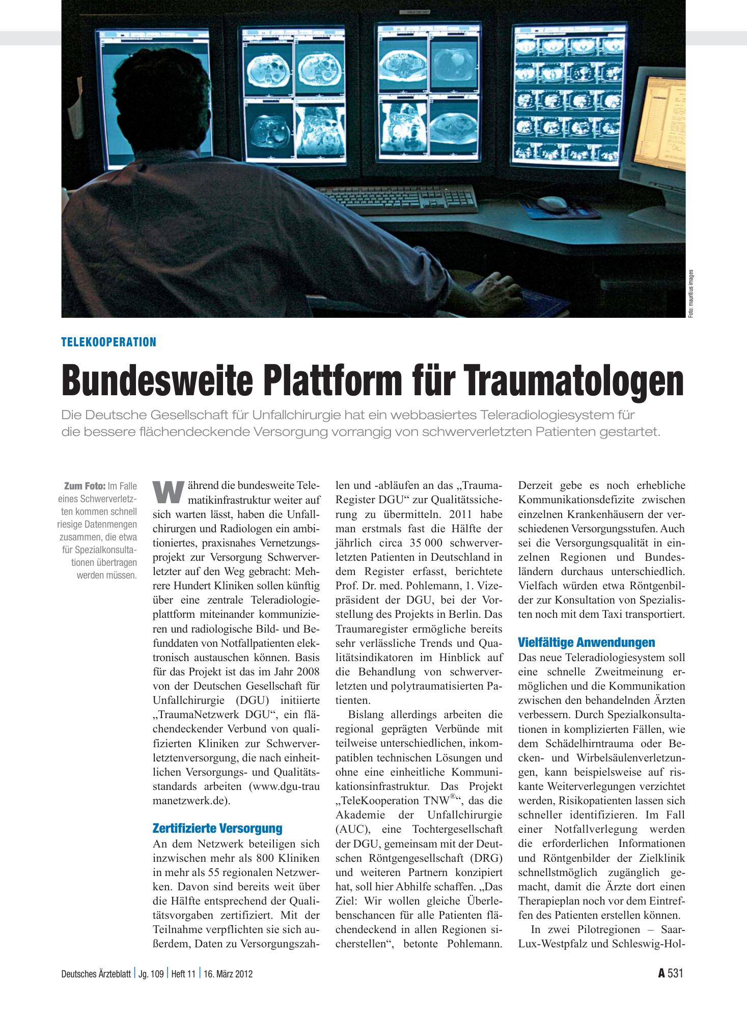 Vorschauseite 1: Telekooperation: Bundesweite Plattform für Traumatologen – Deutsches Ärzteblatt