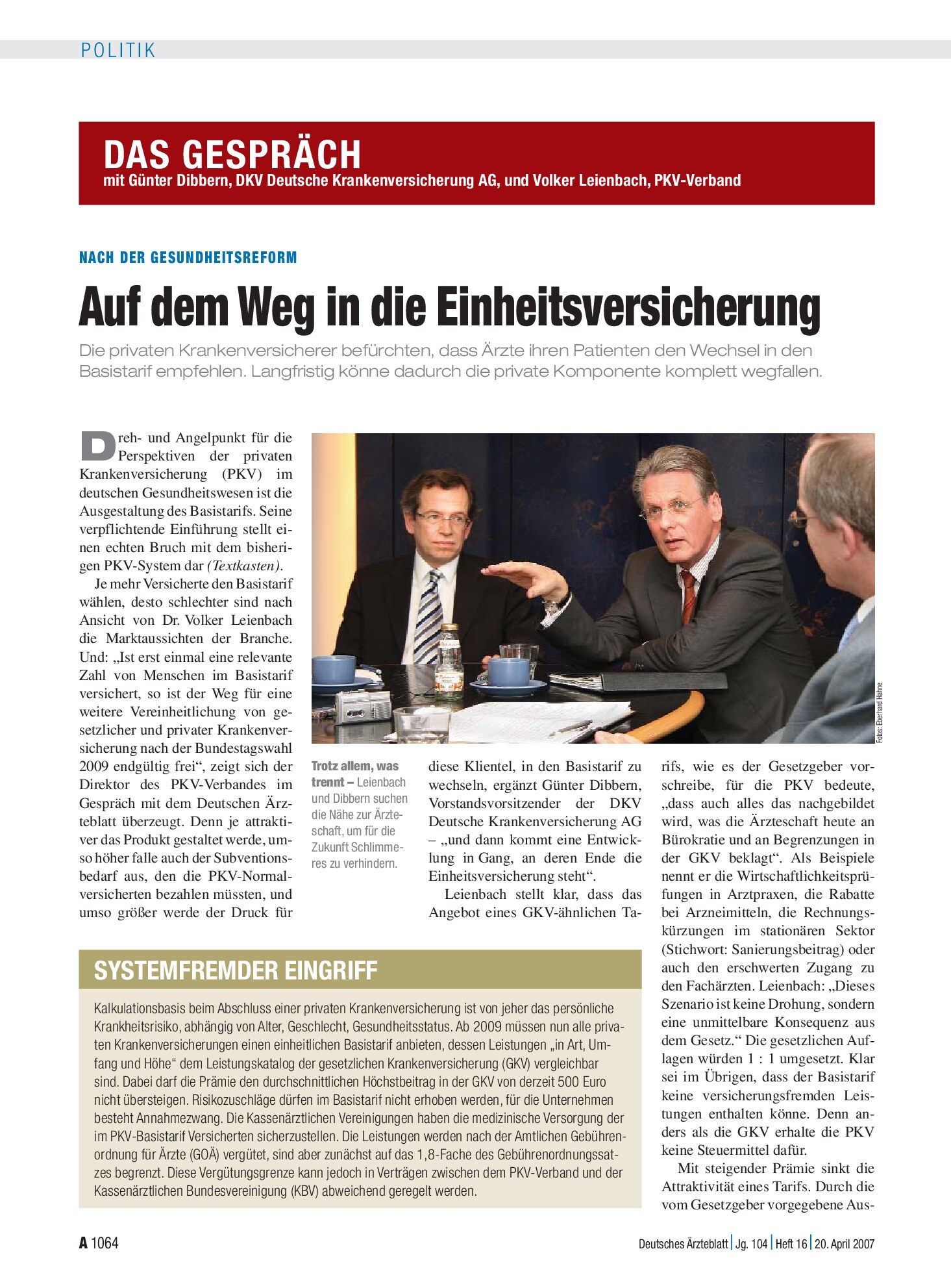 Vorschauseite 1: Nach der Gesundheitsreform: Auf dem Weg in die Einheitsversicherung – Deutsches Ärzteblatt