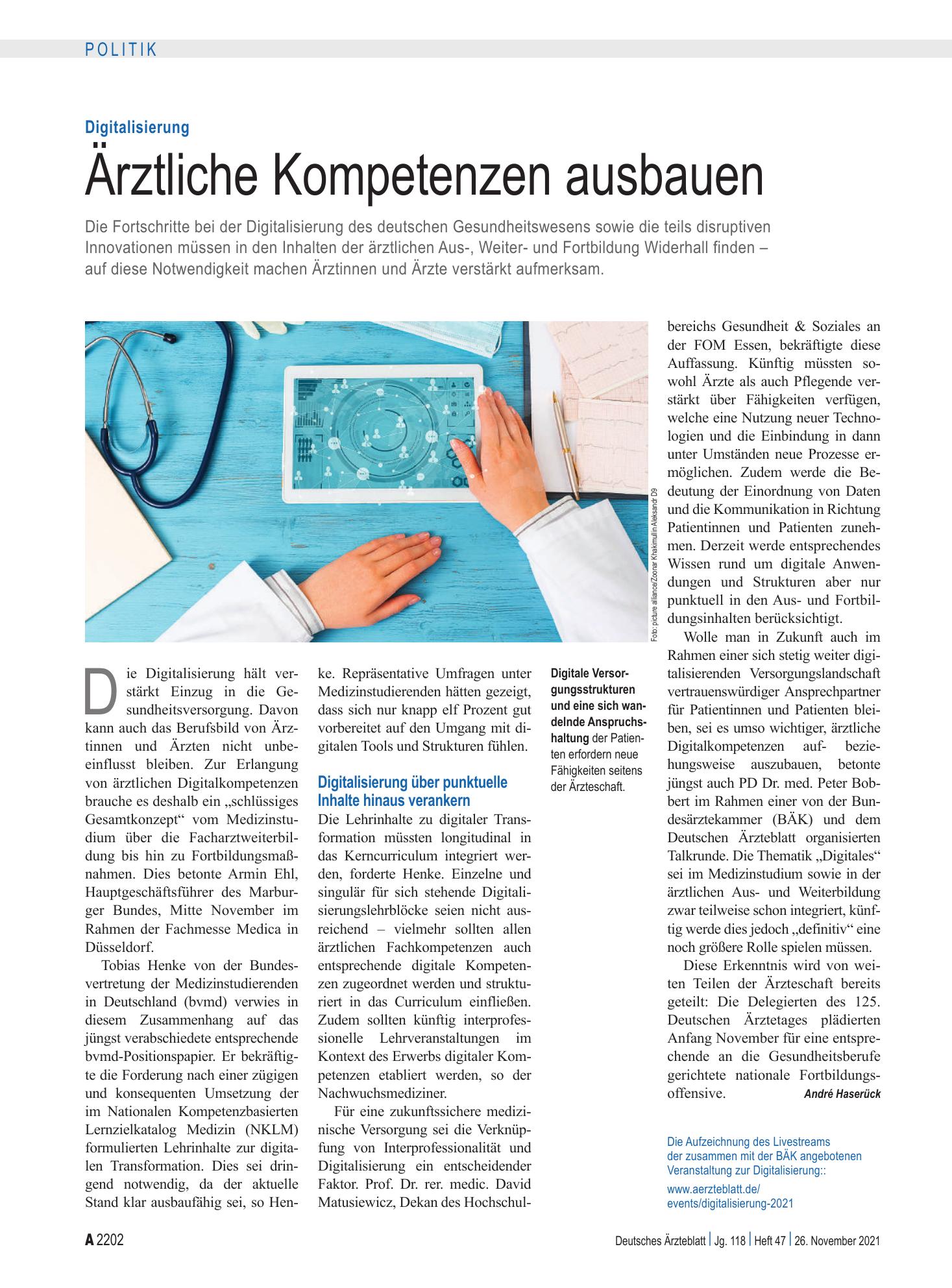 Vorschauseite 1: Digitalisierung: Ärztliche Kompetenzen ausbauen – Deutsches Ärzteblatt
