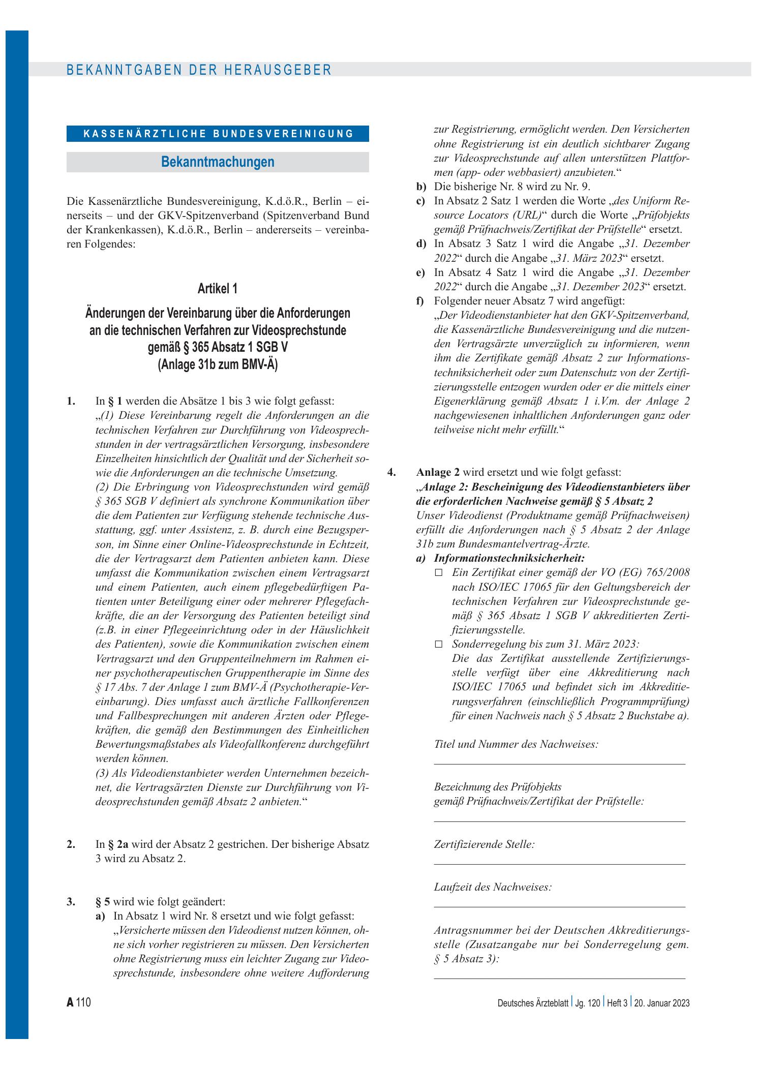 Vorschauseite 1: Änderungen der Vereinbarung über die Anforderungen an die technischen Verfahren zur Videosprechstunde gemäß § 365 Absatz 1 SGB V (Anlage 31b zum BMV-Ä) – Deutsches Ärzteblatt
