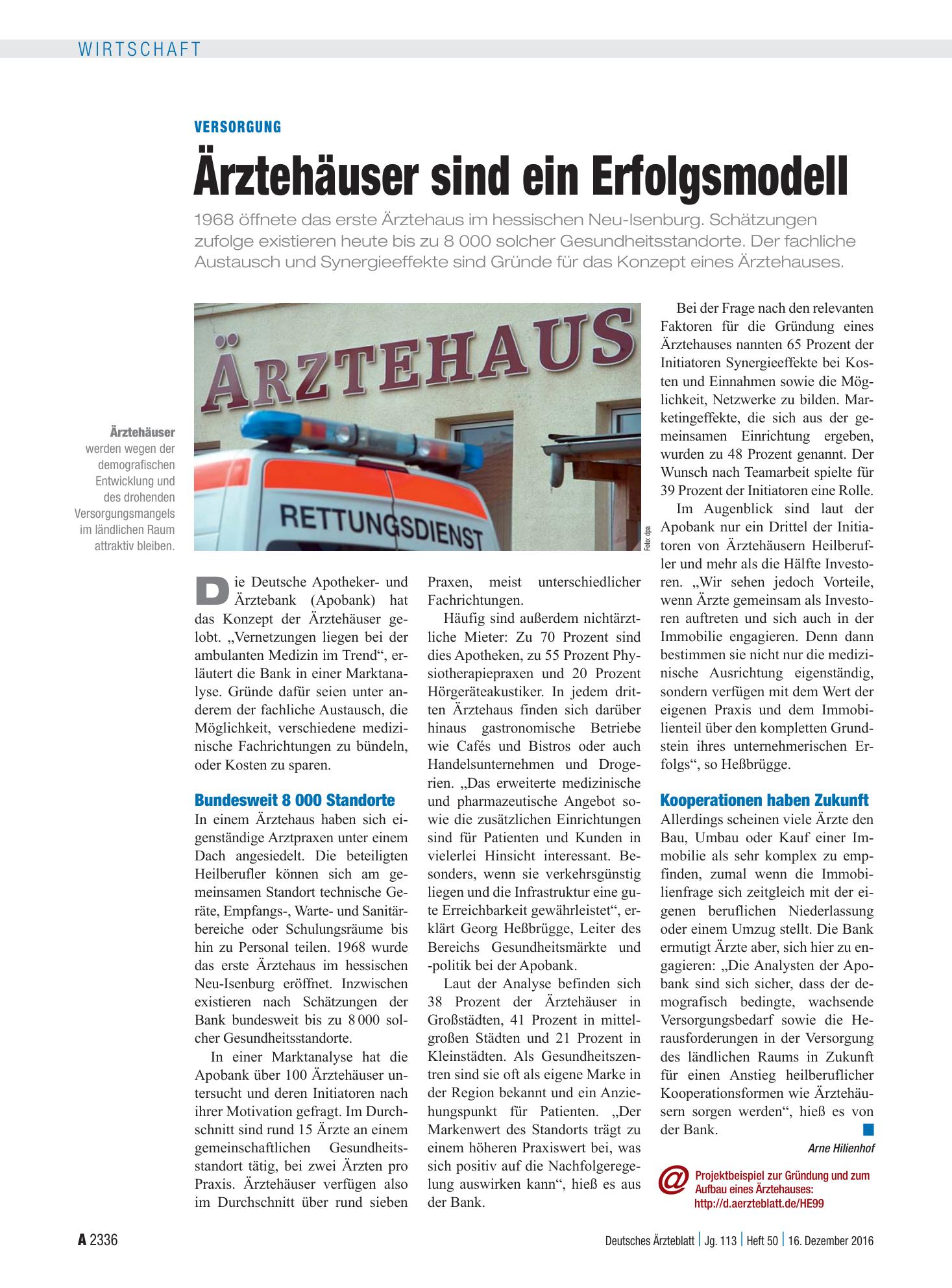 Vorschauseite 1: Versorgung: Ärztehäuser sind ein Erfolgsmodell – Deutsches Ärzteblatt