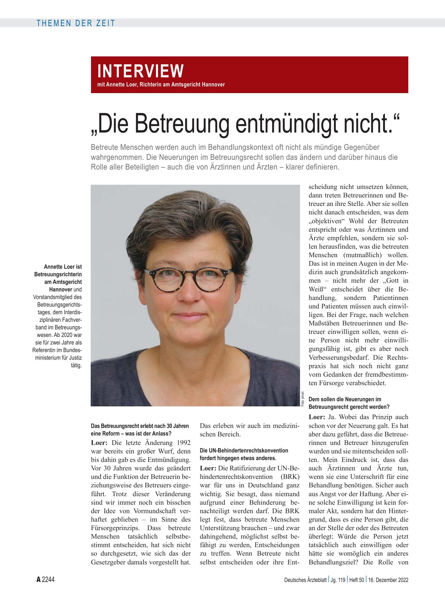 Vorschauseite 1: Interview mit Annette Loer, Richterin am Amtsgericht Hannover „Die Betreuung entmündigt nicht.“ – Deutsches Ärzteblatt