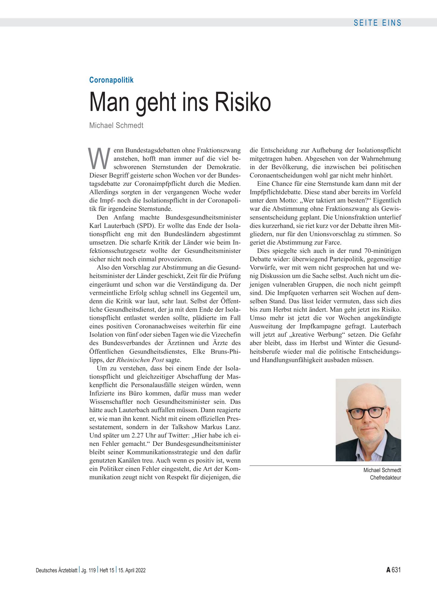 Vorschauseite 1: Coronapolitik: Man geht ins Risiko – Deutsches Ärzteblatt