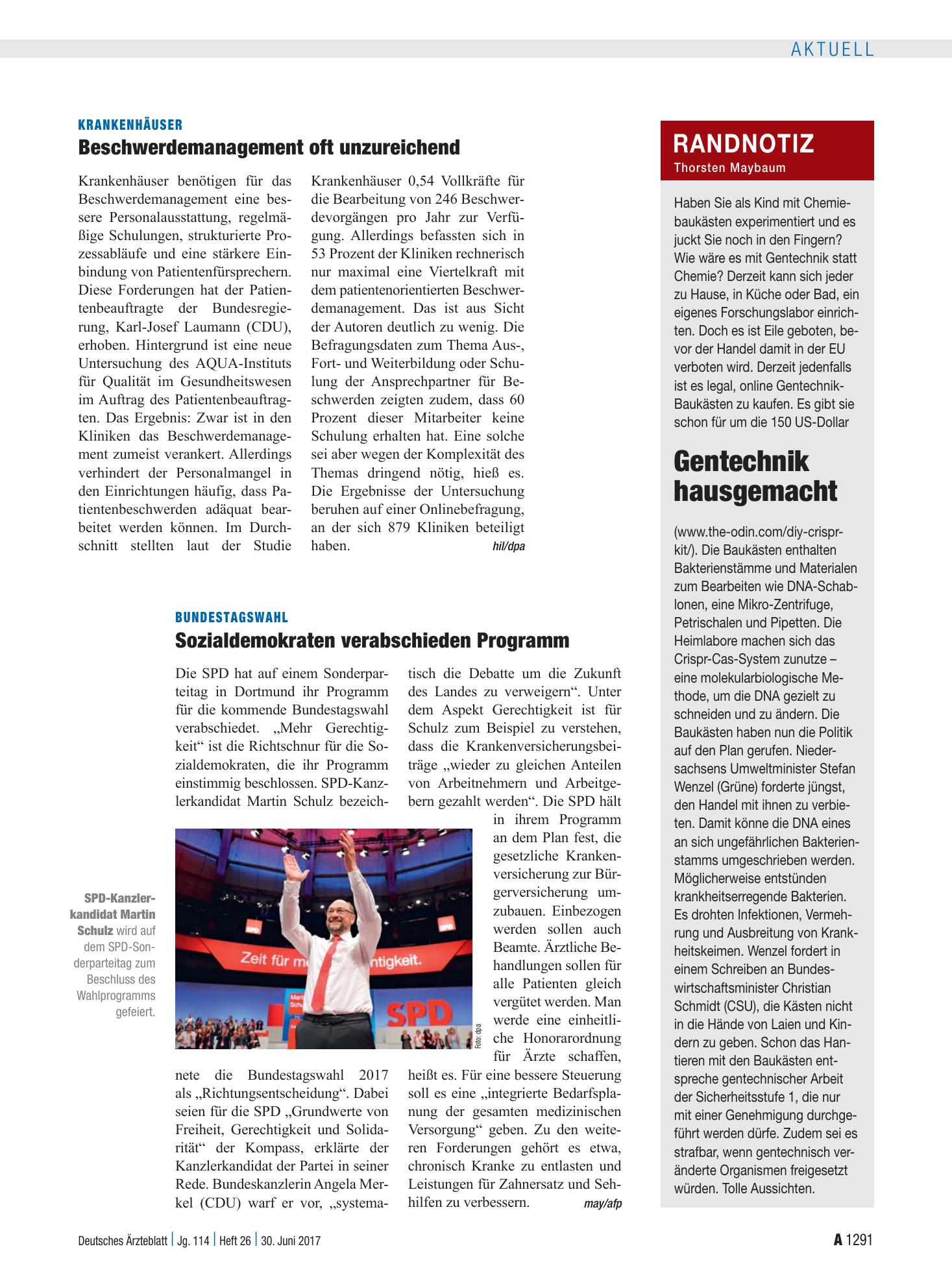Vorschauseite 1: Krankenhäuser: Beschwerdemanagement oft unzureichend – Deutsches Ärzteblatt